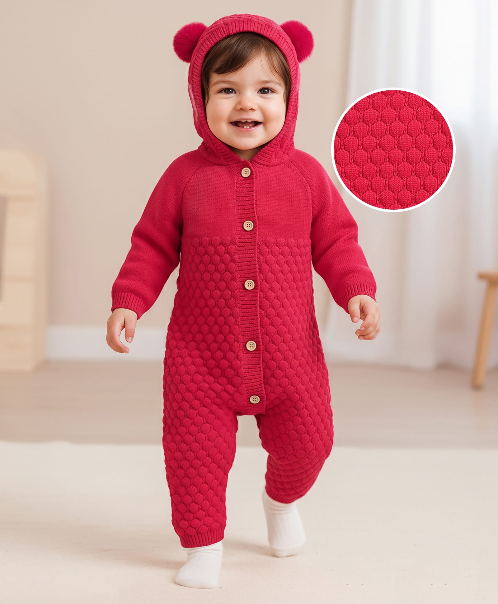 Mark & Mia Viscose Full Sleeves Solid Coloured Hooded Winter Wear Romper With Applique - Red-picture-24
