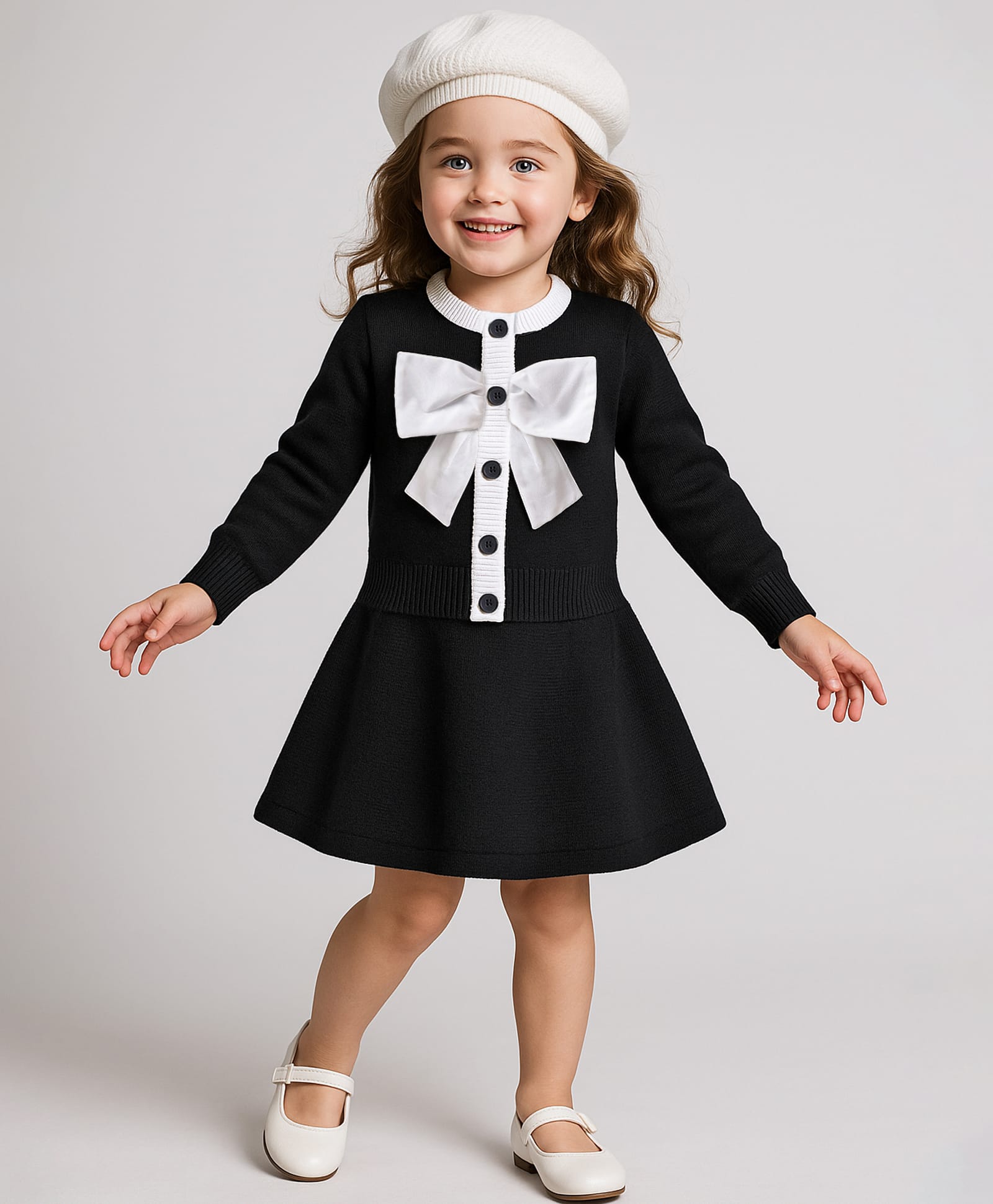 Mark & Mia Viscose Full Sleeves Bow Applique Sweater With Skirt Set - Black & White-image-11
