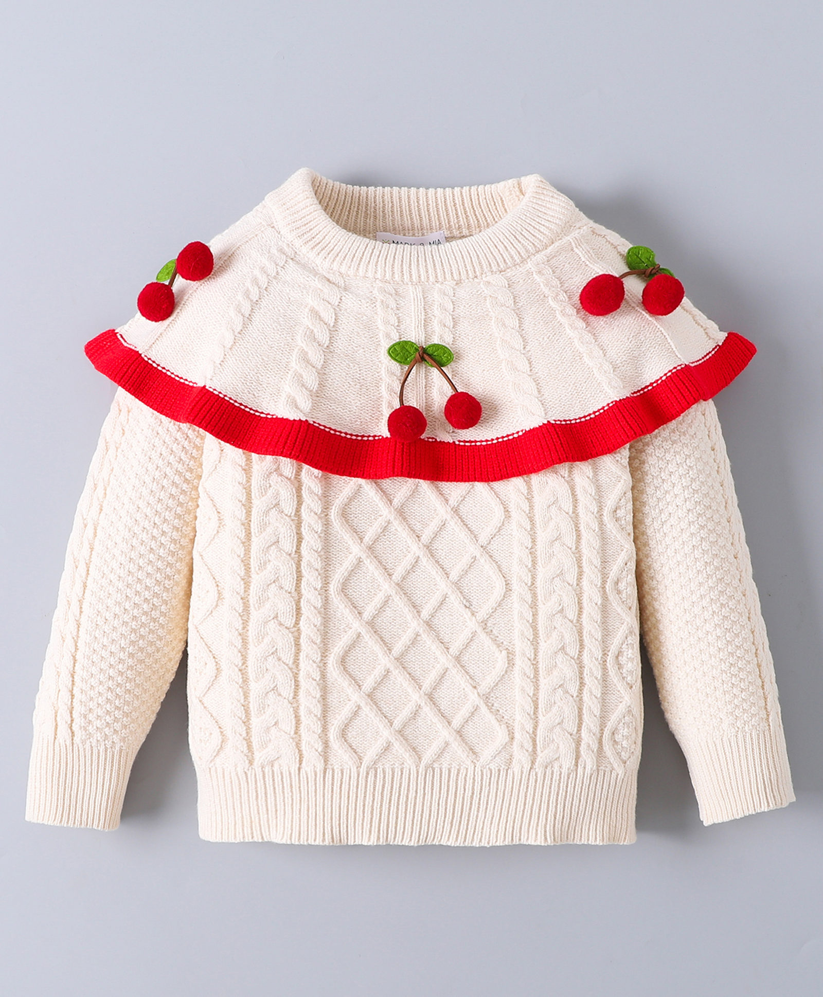 Mark & Mia Viscose Full Sleeves Pullover Sweater With Cable Knit Design & Cherry Applique - Cream-picture-25