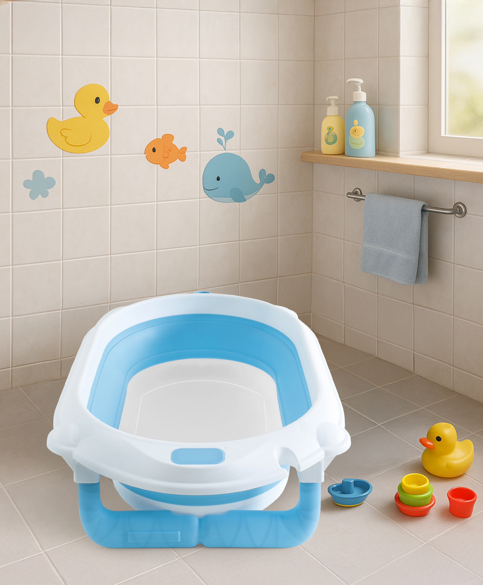 Babyhug Foldable Baby Bath Tub with Drain Plug - Blue