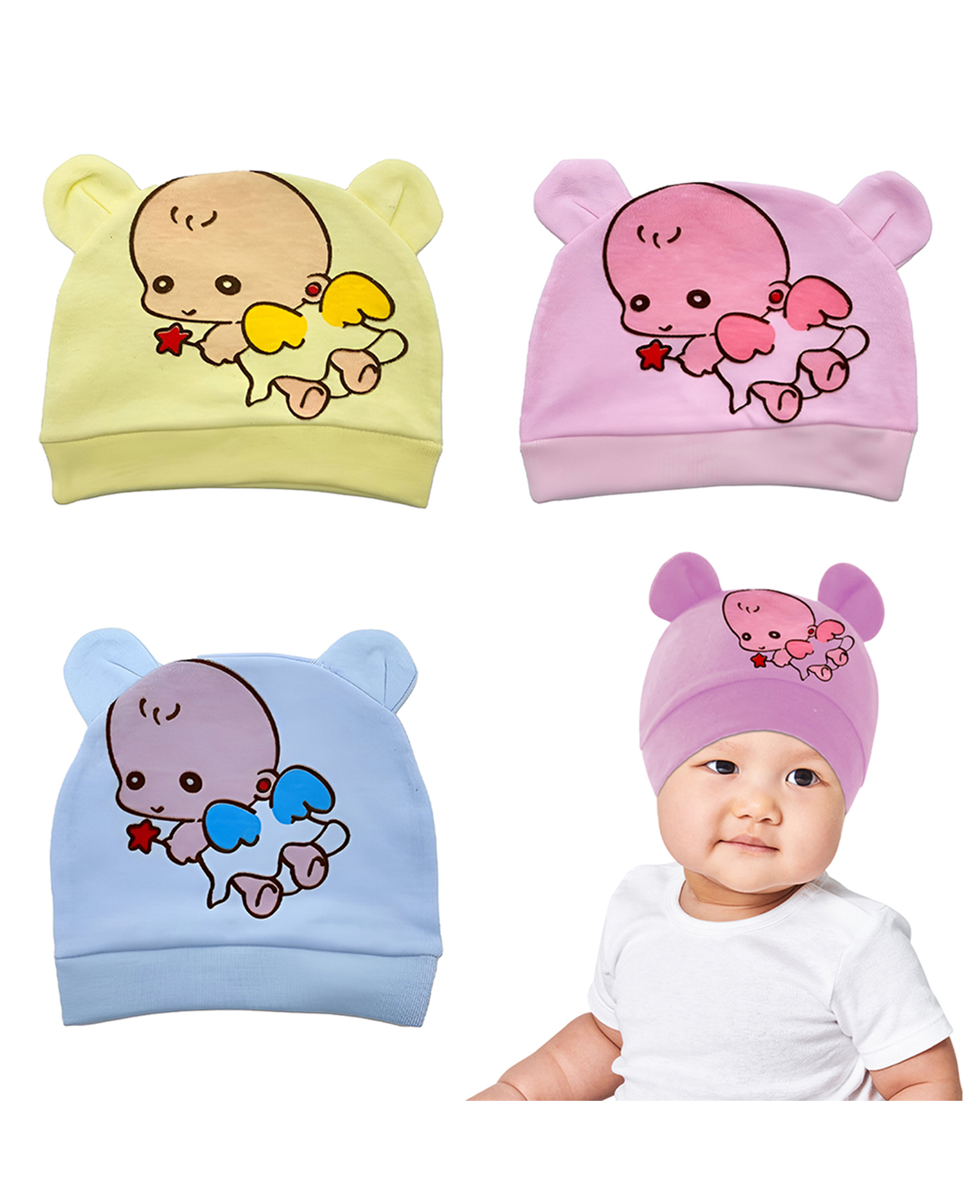 SYGA Pack of 3 Cute Angel Print Cotton Caps Multicolour - Diameter 16 cm-picture-21