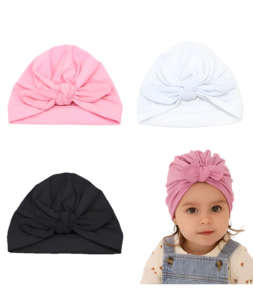 SYGA Pack of 3 Solid Cotton Caps Pink, White & Black - Diameter 19 cm-picture-26