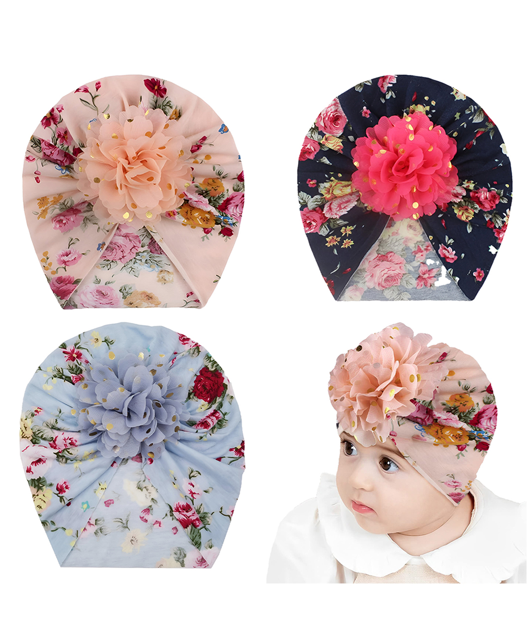 SYGA Pack of 3 Cotton Floral Printed Caps Black Beige & Grey - Diameter 18 cm-image-16