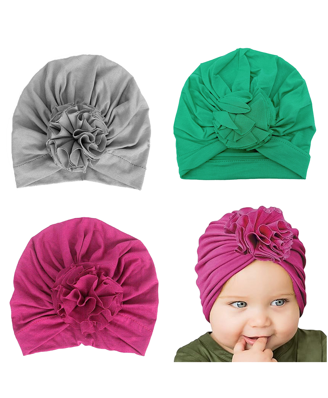 SYGA Pack of 3 Cotton Solid Caps Grey Purple & Dark Green-Diameter 15 cm-image-5