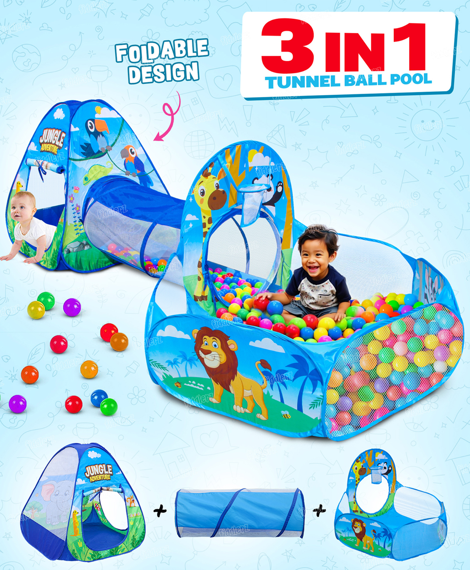 Fiddlerz Play Tent 3 in 1 Jungle Adventure with Tunnel Ball Pit Basketball Hoop Foldable Indoor Outdoor Activity Set for Kids Boys Girls Fun Playhouse Cute Animal Prints(Balls not Included)-picture-24