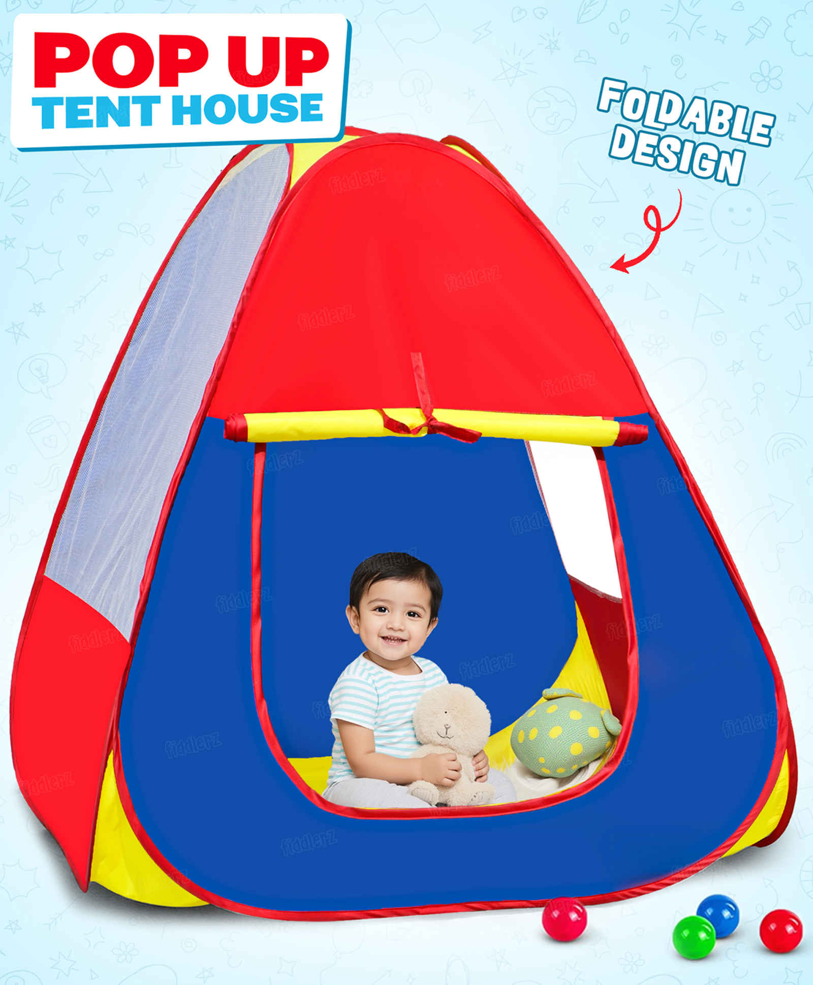 Fiddlerz Pop-Up Play Tent House for Kids Indoor Outdoor Fun Foldable Ball Pit Playhouse with Windows Easy Storage Colorful Design for Boys and Girls (Ball Not Included)-picture-15