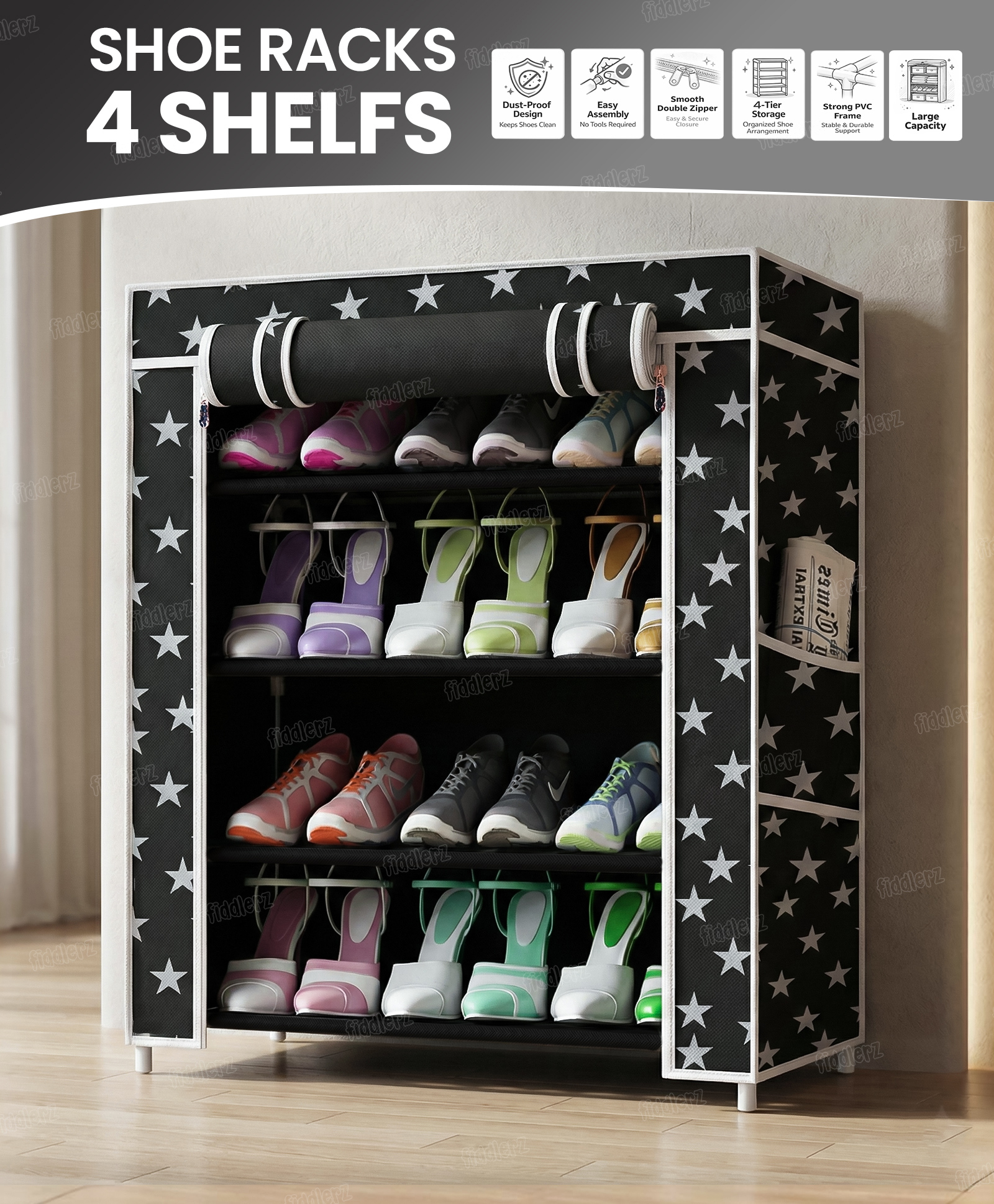 Fiddlerz Shoe Rack 4 Shelves with Zip Door Cover Side Pockets PP Collapsible Shoes Shelf/Shoerack Multiuse Storage Organizer for Footwear Toys Clothes-picture-28