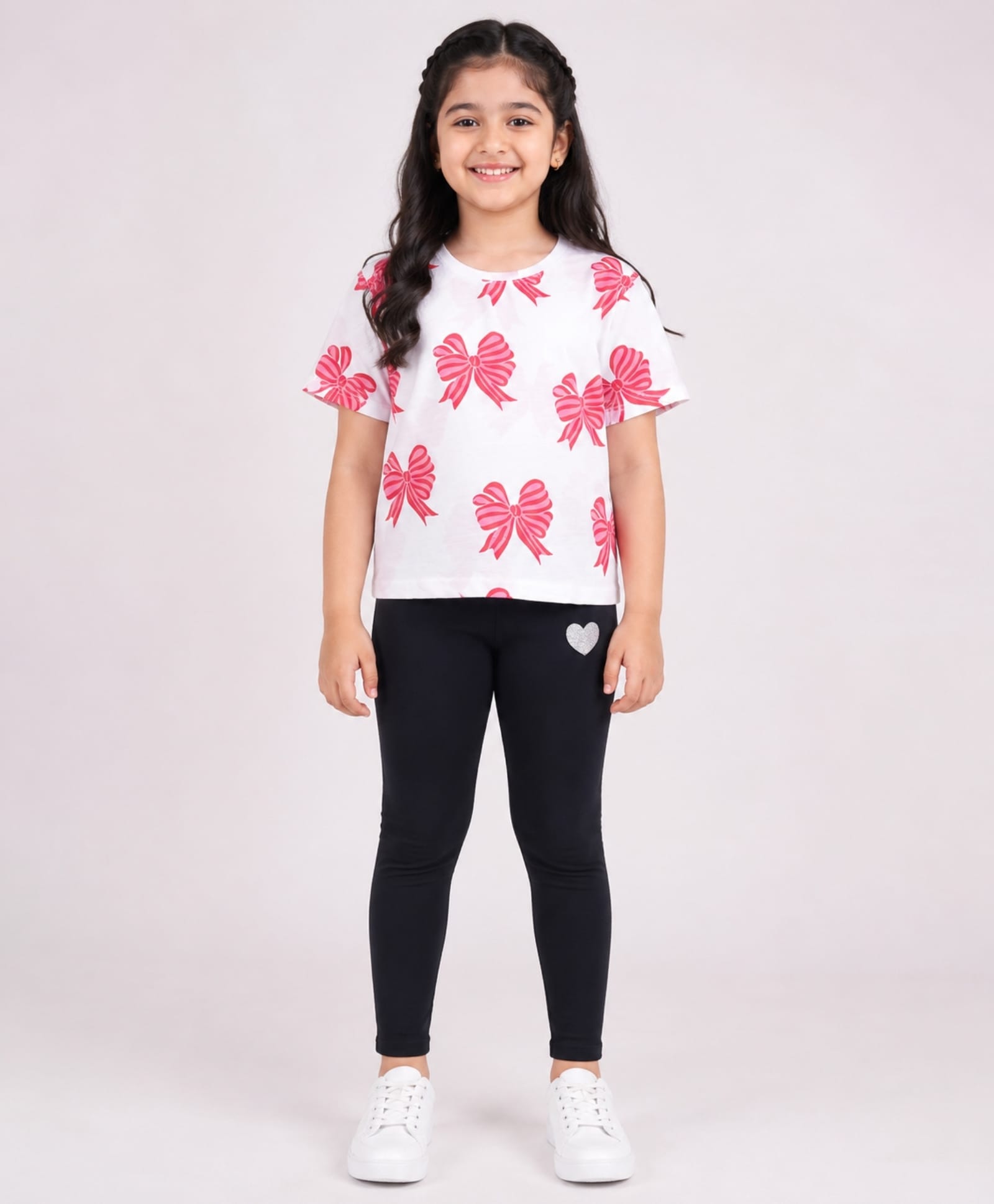 Anthrilo Cotton Blend Half Sleeves Bow Printed Tee With Solid Leggings Set - White & Black-picture-30