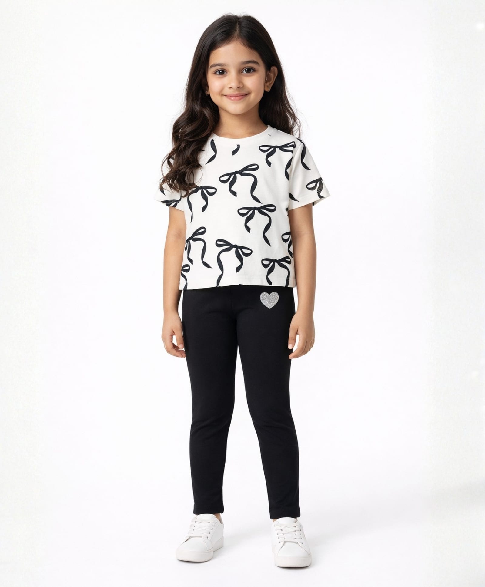 Anthrilo Cotton Blend Half Sleeves Bow Printed Tee With Leggings Set - White & Black-picture-43
