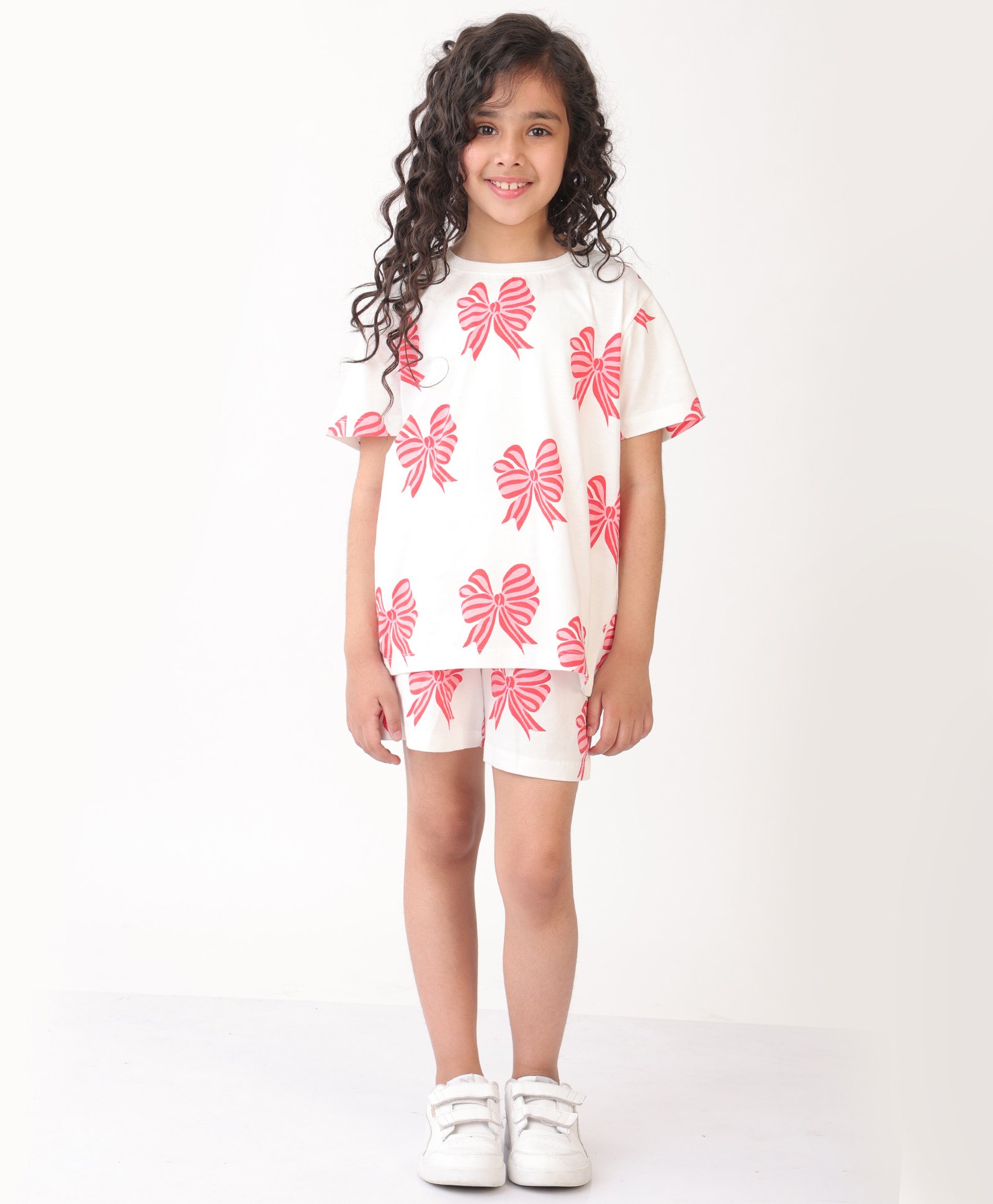Anthrilo Blended Half Sleeves Bow Printed Tee With Coordinating Shorts Set - White-picture-11