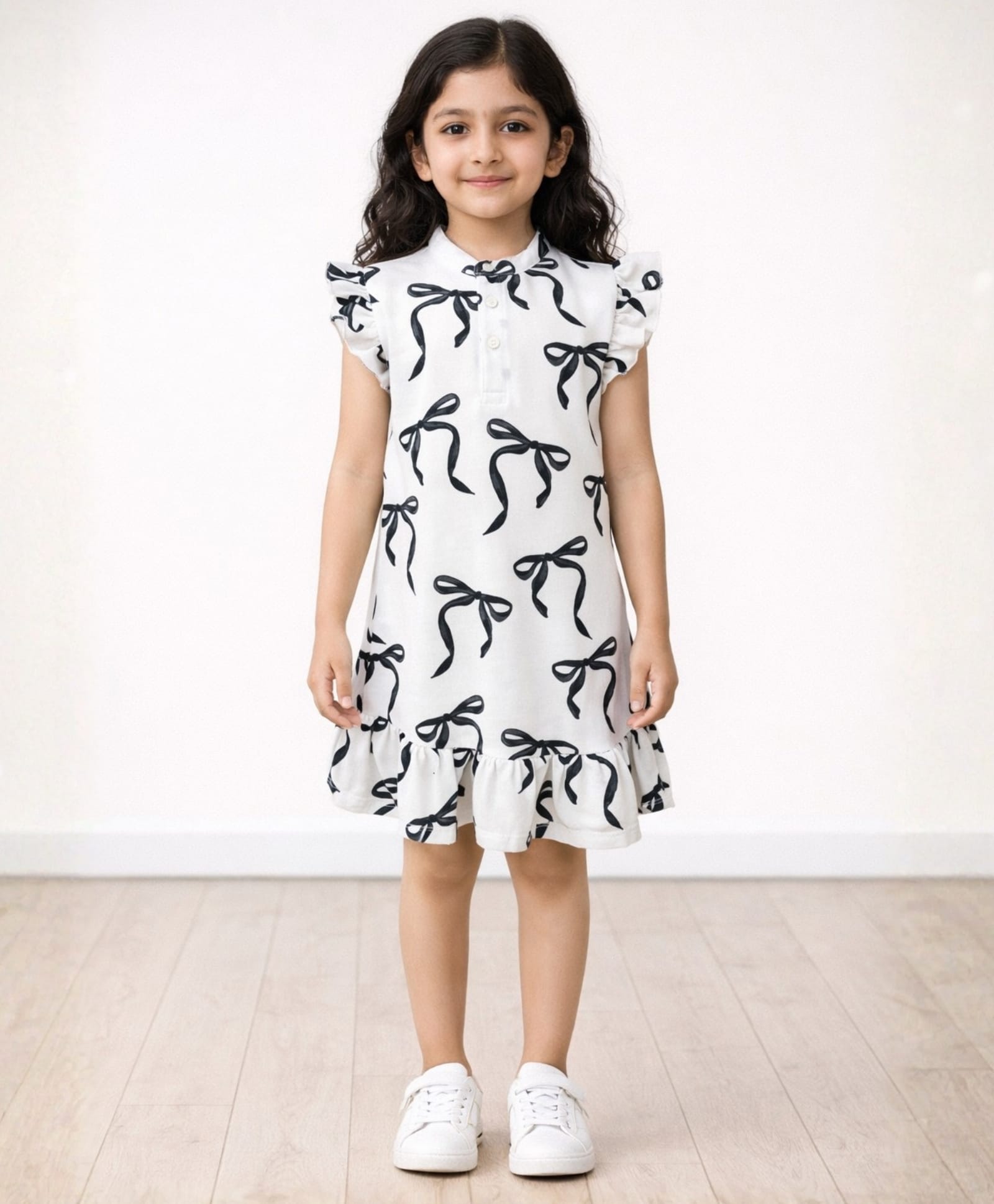 Anthrilo Cotton Flutter Sleeves Bow Printed With Comfort Fit Dress - Off White-image-4