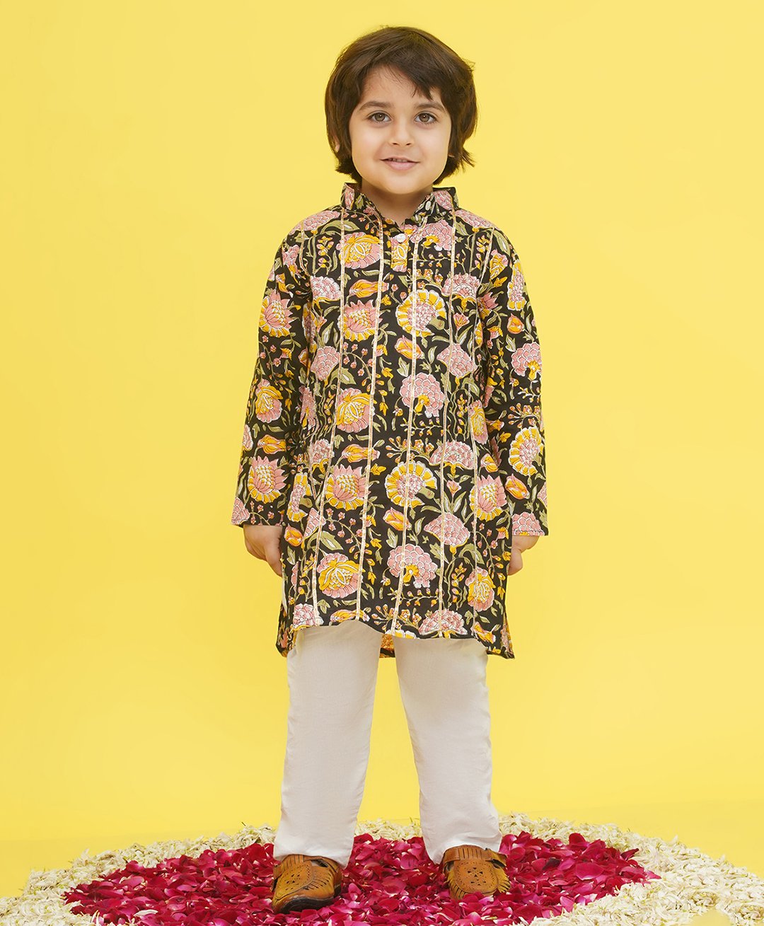 AJ Dezines Cotton Full Sleeves Floral Printed Lace Embellished Kurta Pyjama Set - Black-picture-41