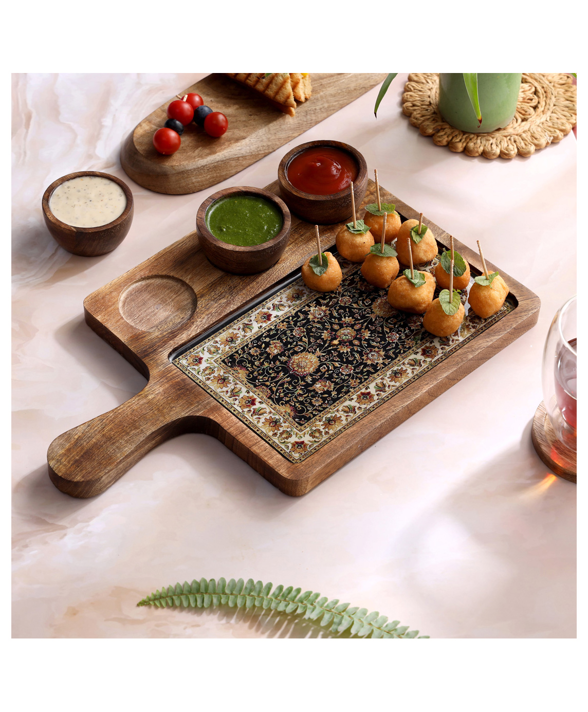 DULI Snacks Serving Wooden Platter with Enamel Coating with 3 Bowls for Home and Dining Table Décor-picture-17