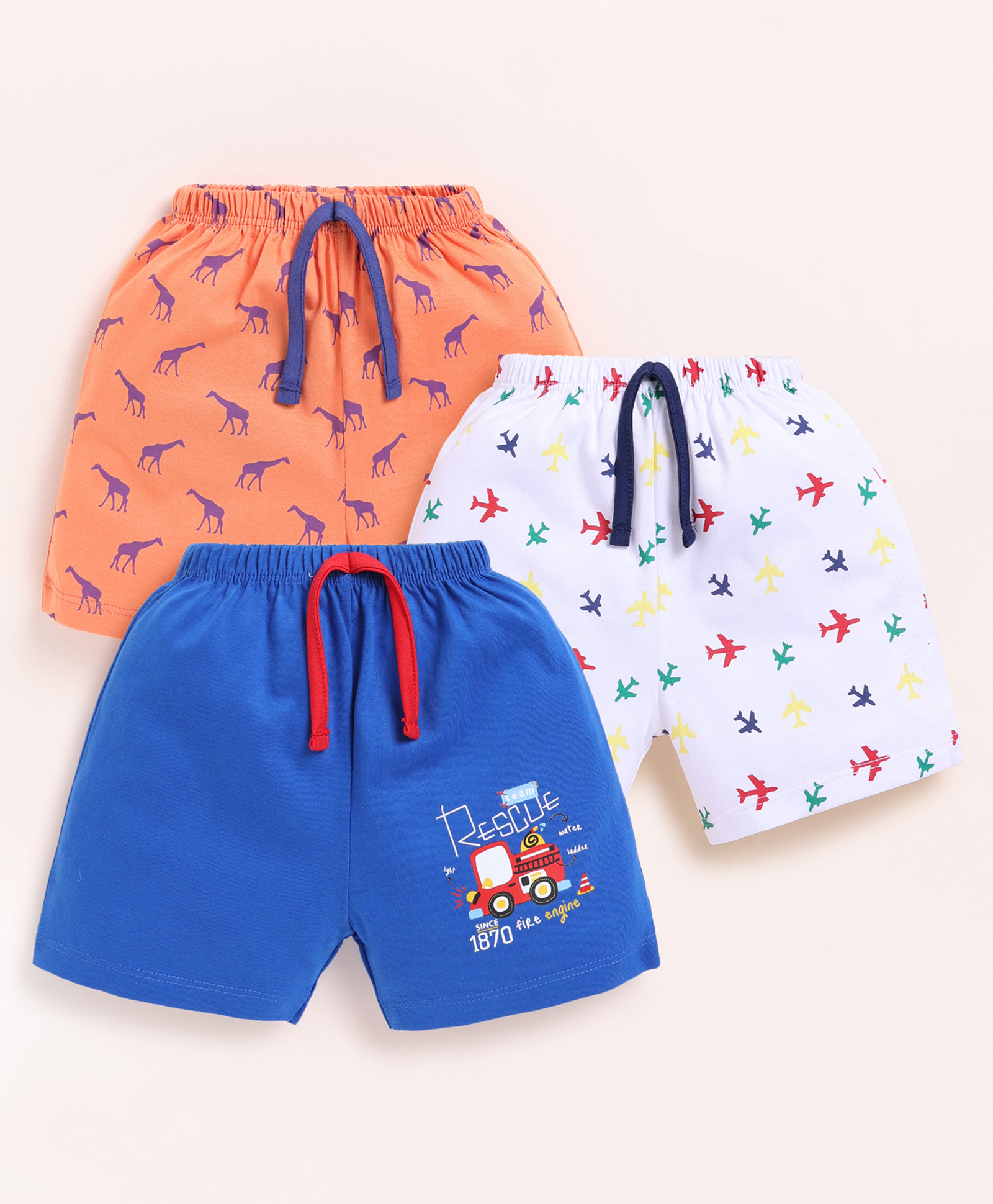 BUMZEE Cotton Pack Of 3 Giraffe & Aeroplane Printed Shorts - Royal Blue White & Orange-image-29