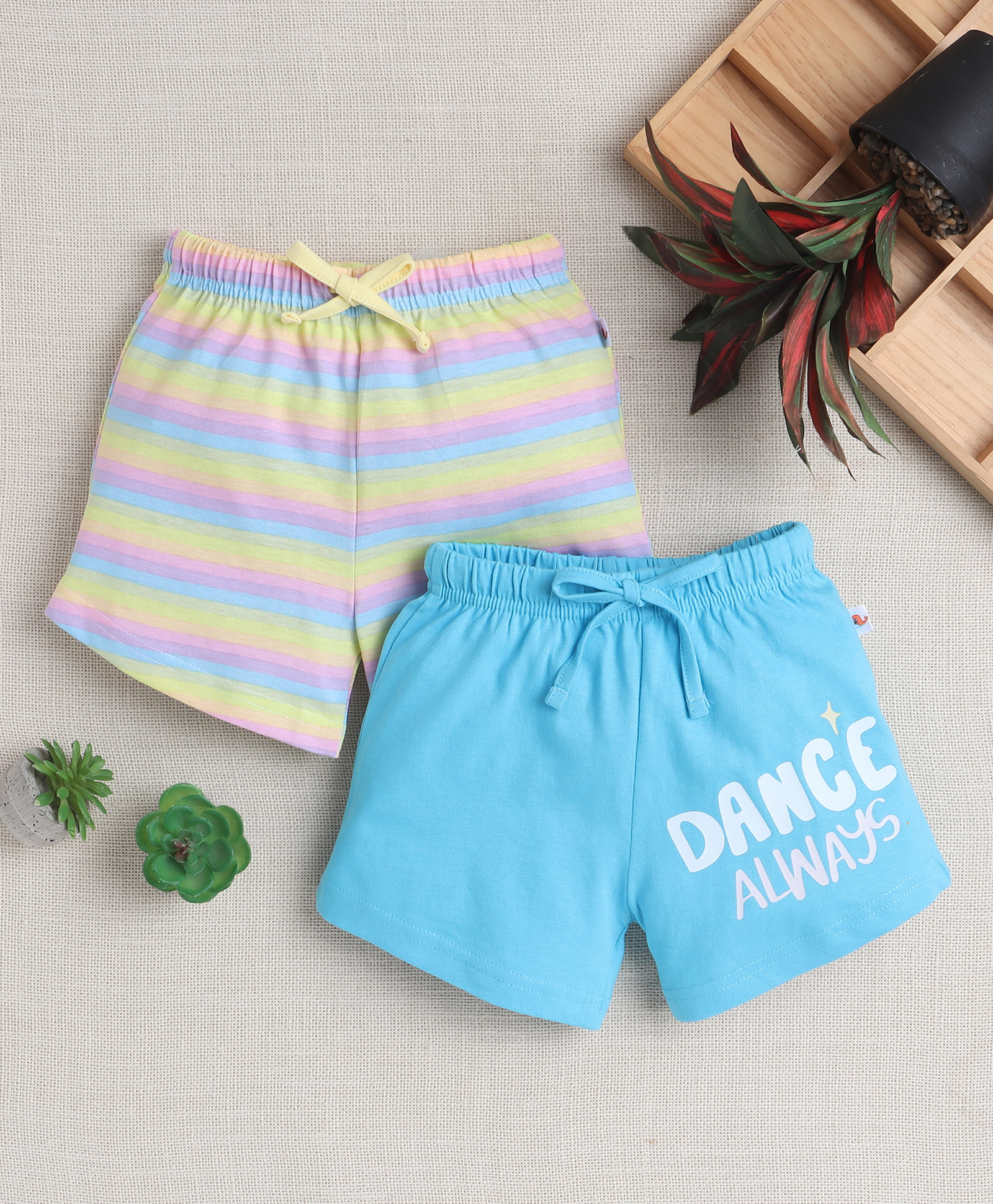 BUMZEE Cotton Pack Of 2 Striped & Dance Always Text Printed Shorts - Blue & Multi Colour-picture-24