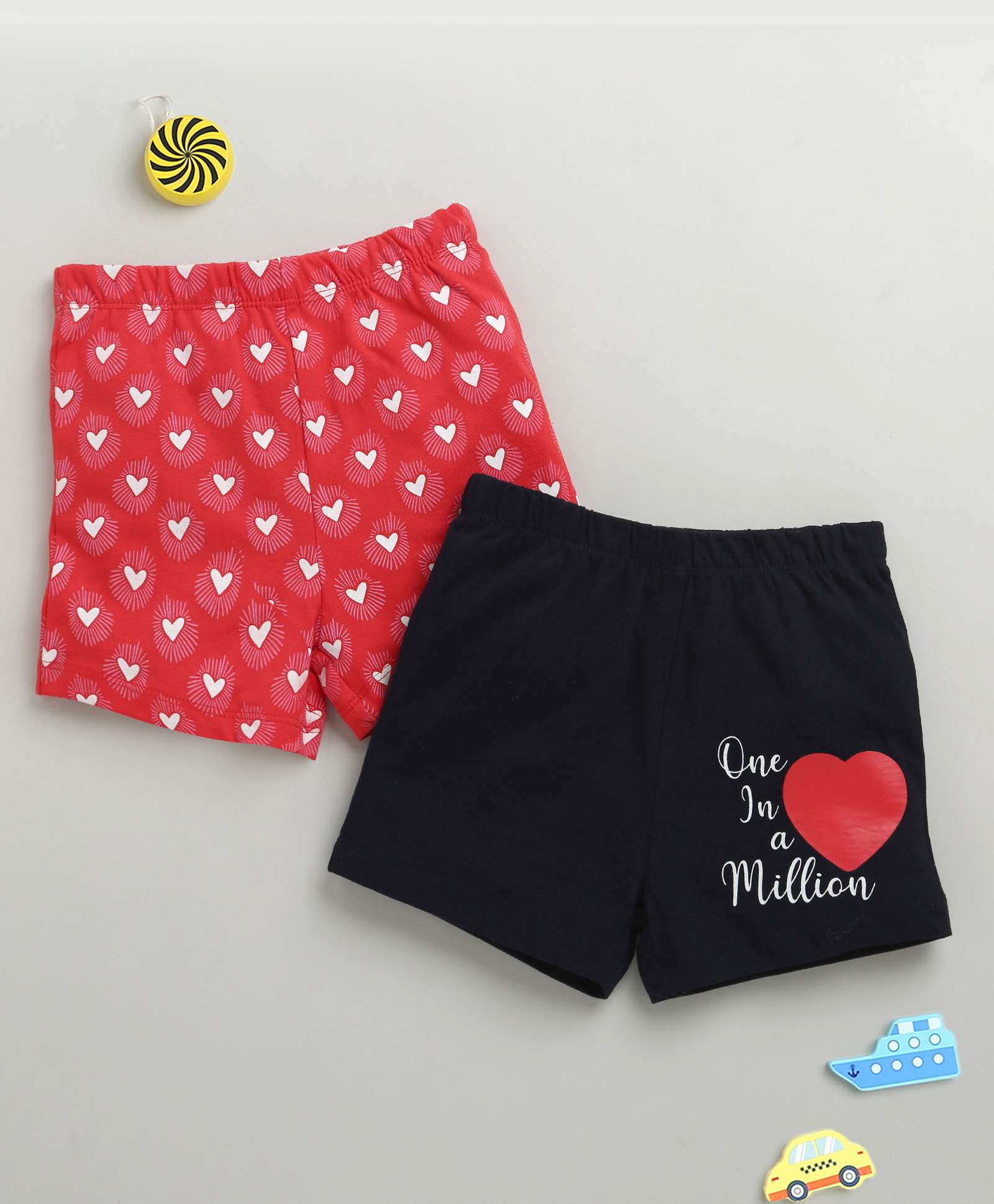 BUMZEE Cotton Pack Of 2 One In A Million Text & Hearts Printed Shorts - Navy Blue & Red-picture-35
