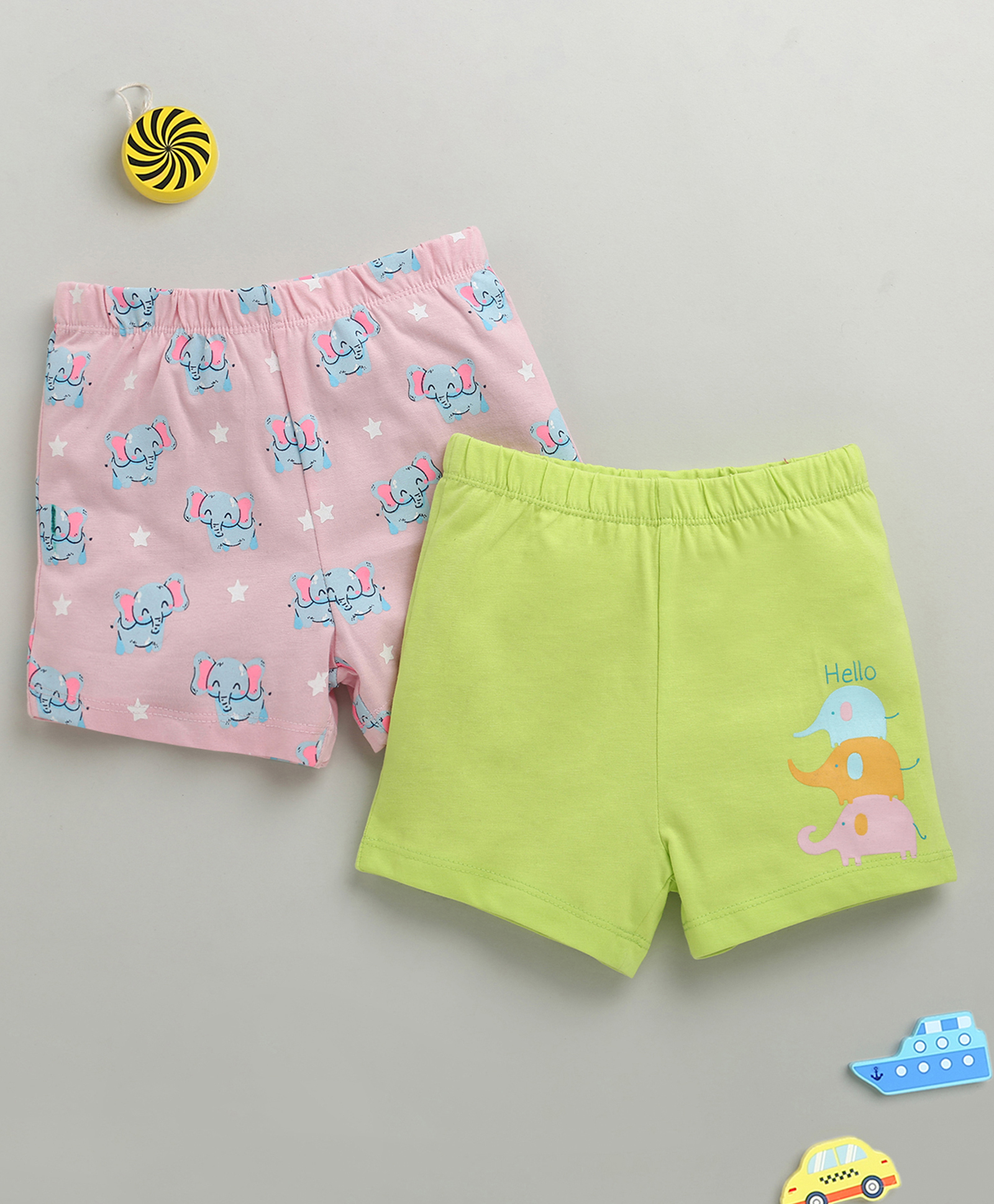 BUMZEE Cotton Pack Of 2 Baby Elephants Printed Shorts - Baby Pink & Green-image-19