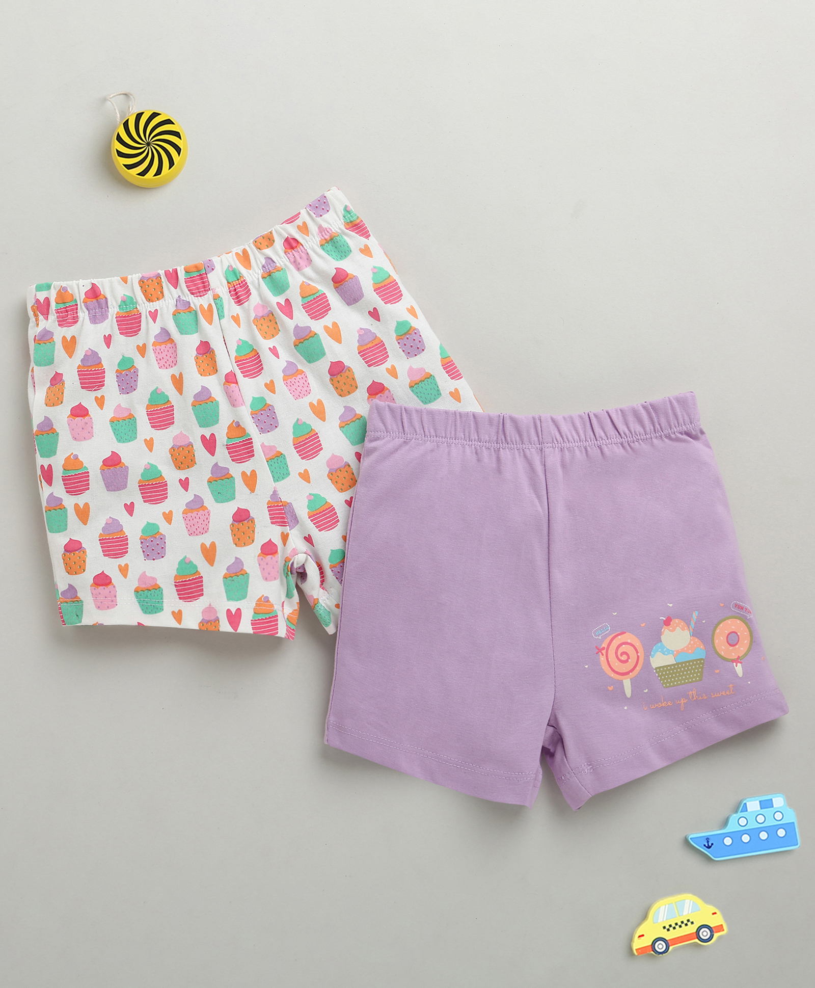 BUMZEE Cotton Pack Of 2 Cup Cakes Printed Shorts - White & Lavender-picture-33
