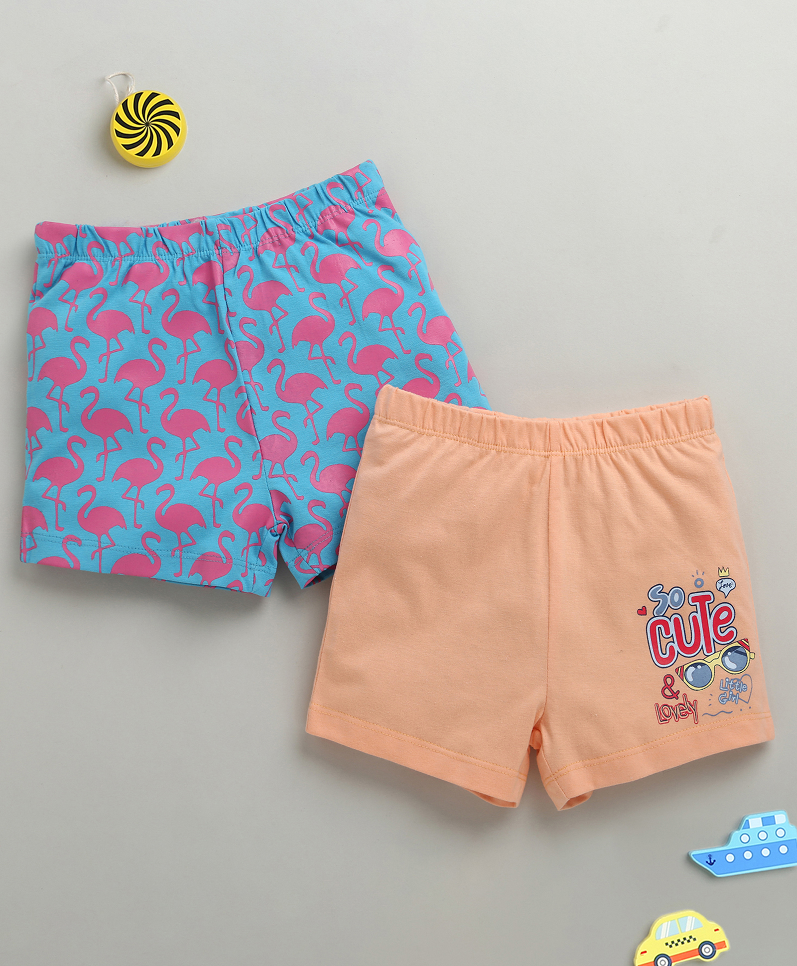 BUMZEE Cotton Pack Of 2 Flamingo & So Cute Text Printed Shorts - Powder Blue & Peach-picture-34