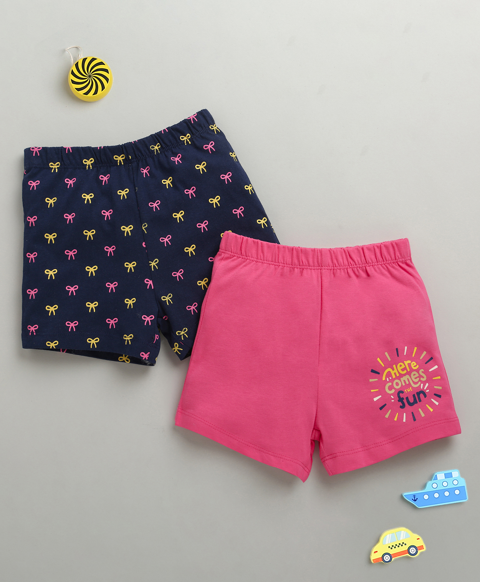 BUMZEE Cotton Pack Of 2 Bow & Here Comes The Sun Text Printed Shorts - Navy Blue & Pink-image-30