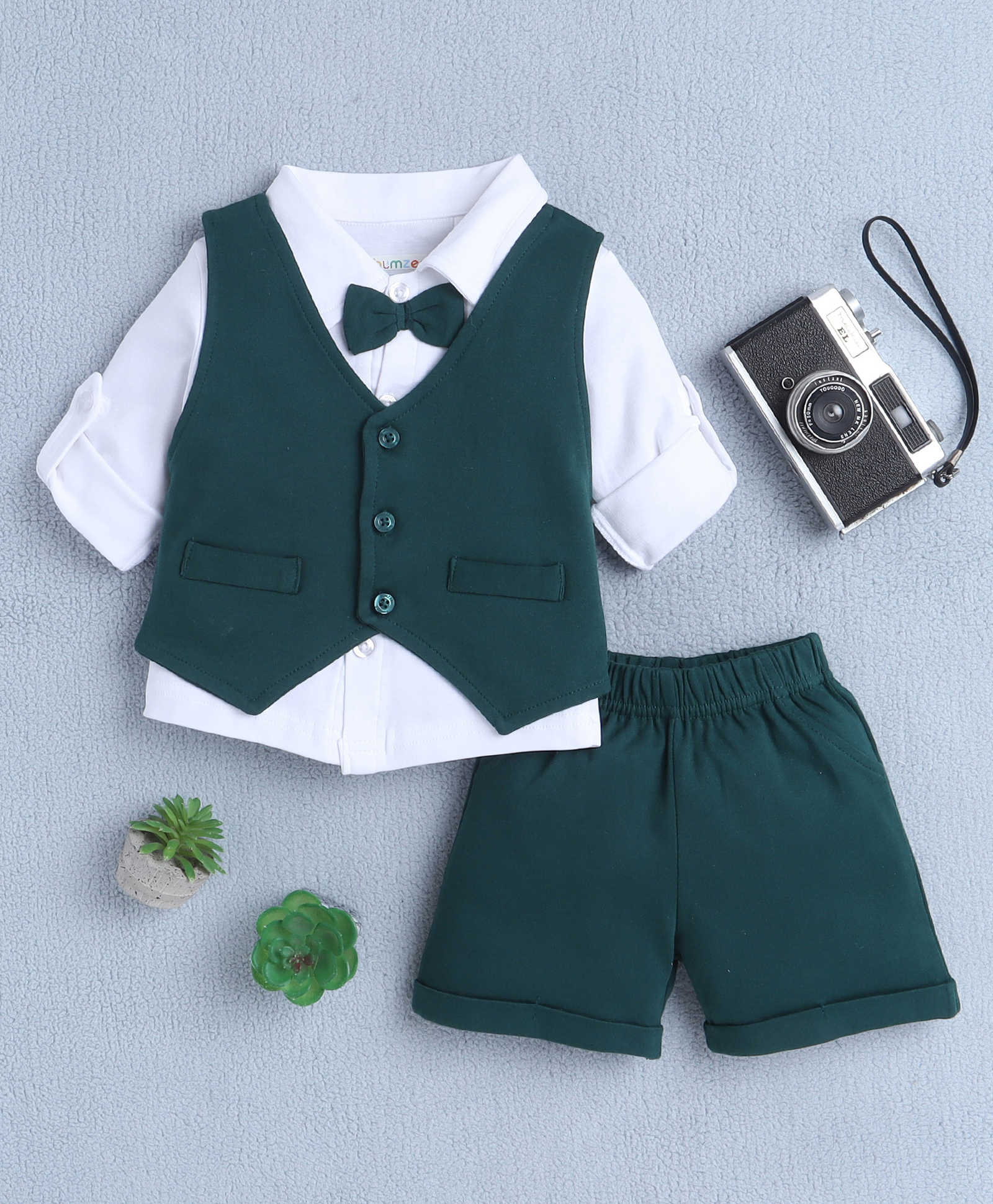 BUMZEE Cotton Full Sleeves Solid 3 Piece Party Suit Set With Attached Bow - White & Green-picture-38