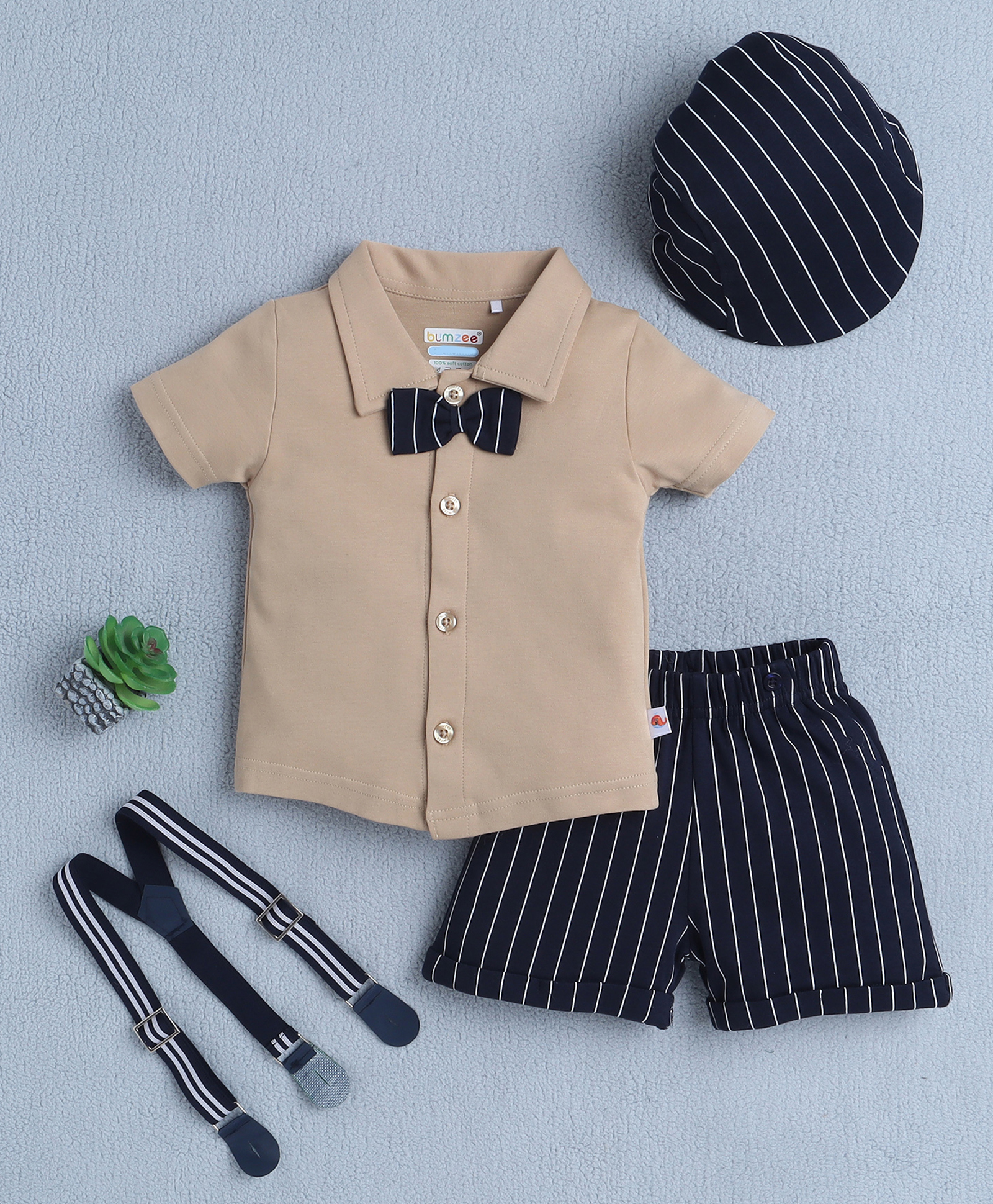 BUMZEE Cotton Half Sleeves Solid Shirt With Attached Bow & Striped Short With Suspender & Cap Set - Beige & Navy-image-20