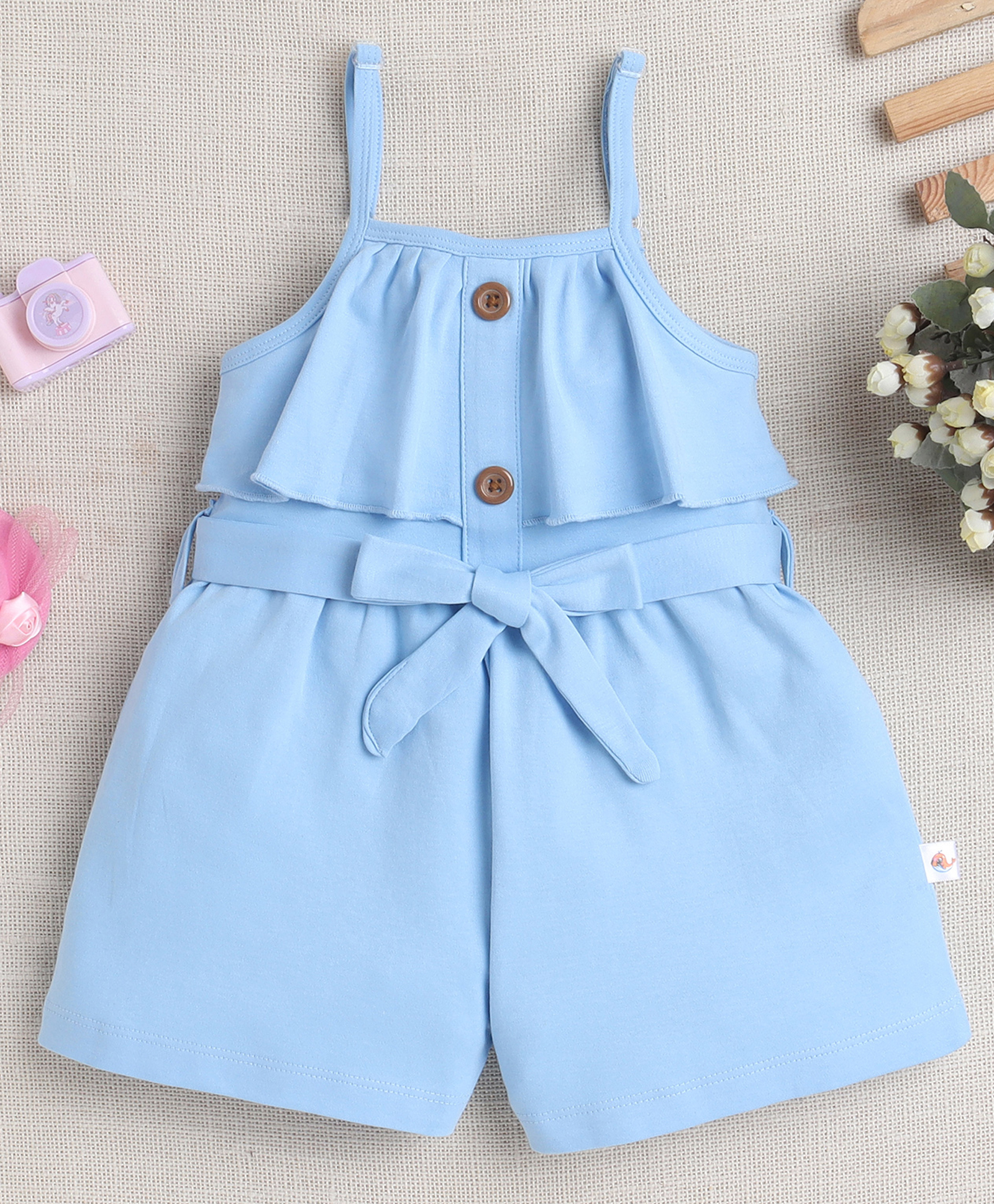 BUMZEE Cotton Sleeveless Solid Jumpsuit With Belt - Sky Blue-image-0