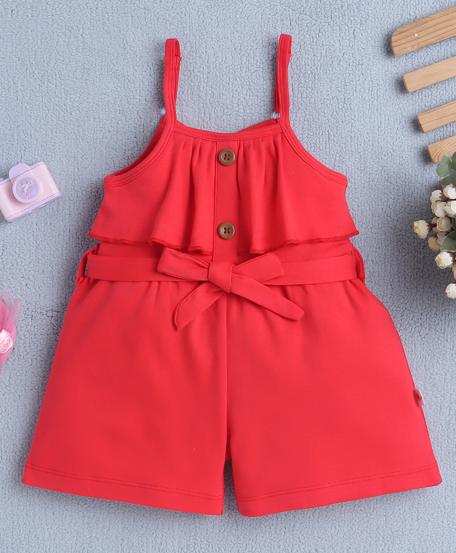 BUMZEE Cotton Sleeveless Solid Jumpsuit With Belt - Red-image-26