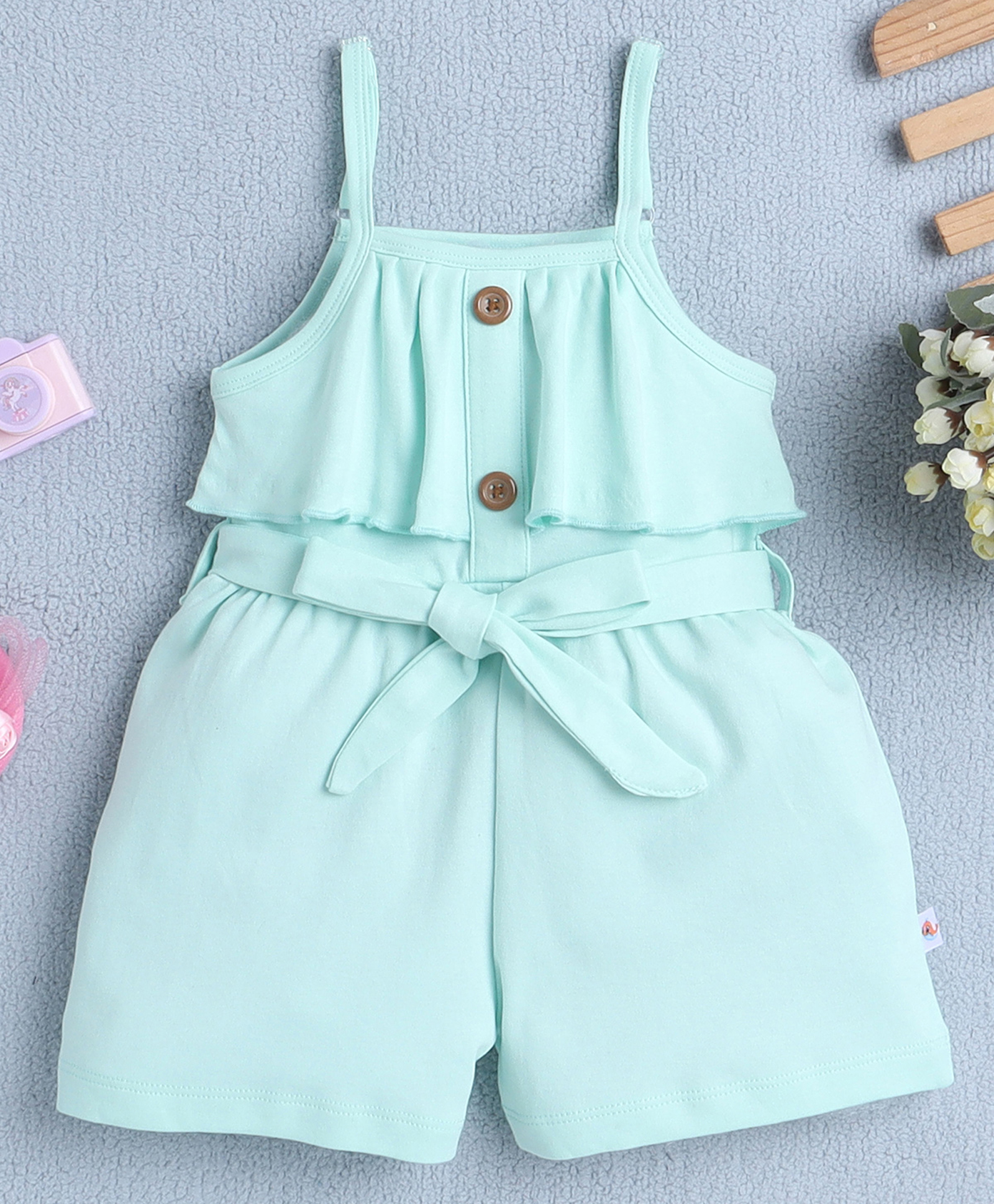 BUMZEE Cotton Sleeveless Solid Jumpsuit With Belt - Mint Green-picture-10