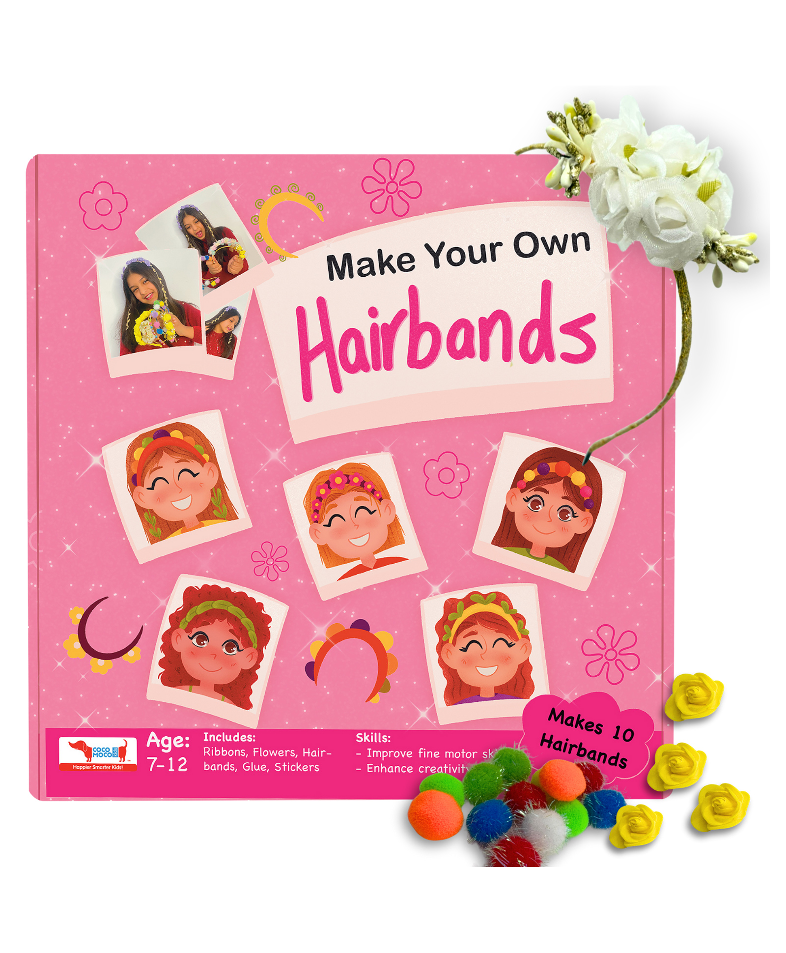 CocoMoco Kids Make Your Own Hairbands DIY Art and Craft Kit for Girls, Make 10 Hair bands Activity Kit for Girls - Multicolour-image-6