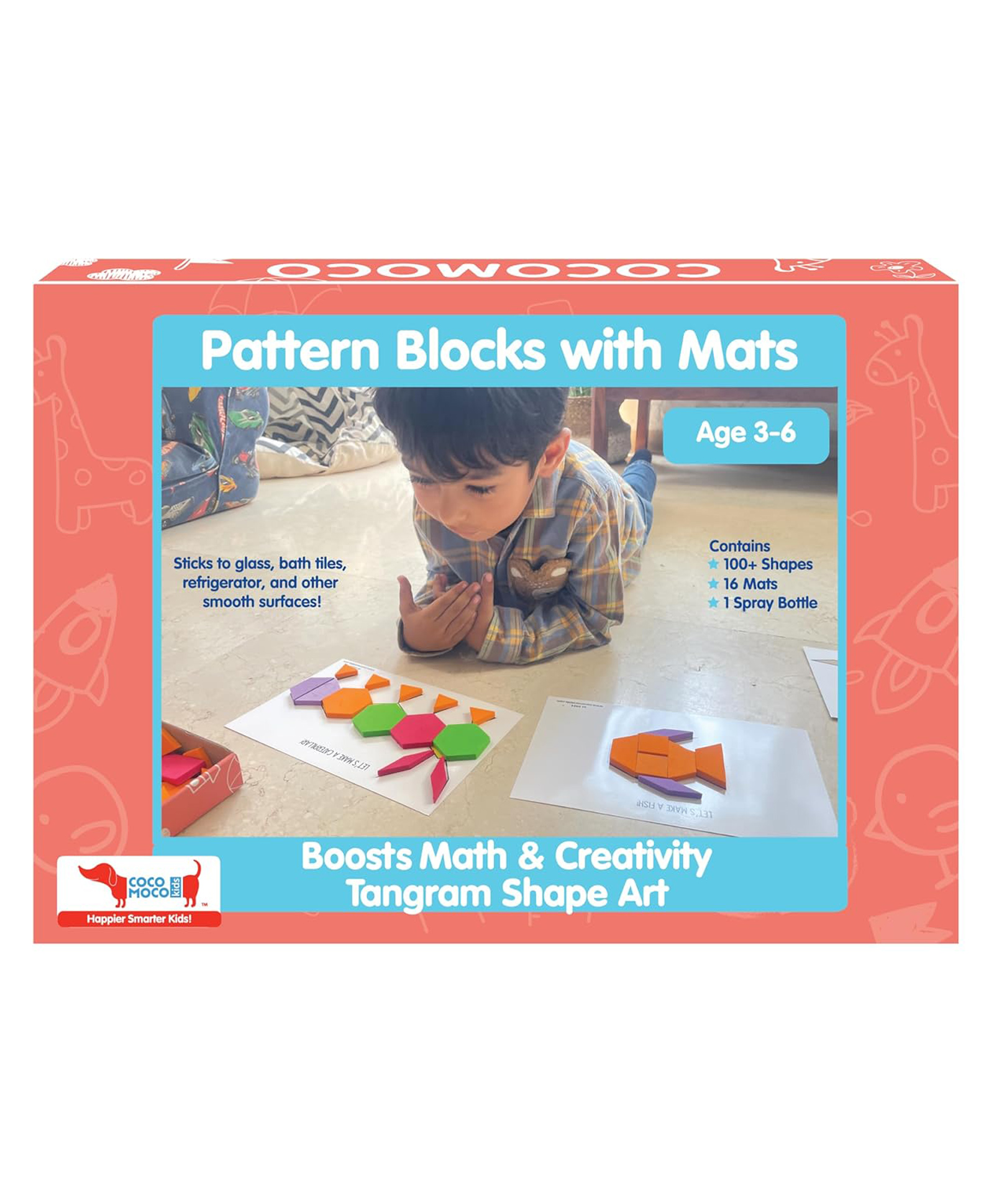 CocoMoco Kids Tangram Shape Art with Pattern Blocks and Mats | Boost Math & Creativity | 100+ Geometric Shapes, 16 Mats, and Spray Bottle | Educational Toy for Kids Age 3+-image-35