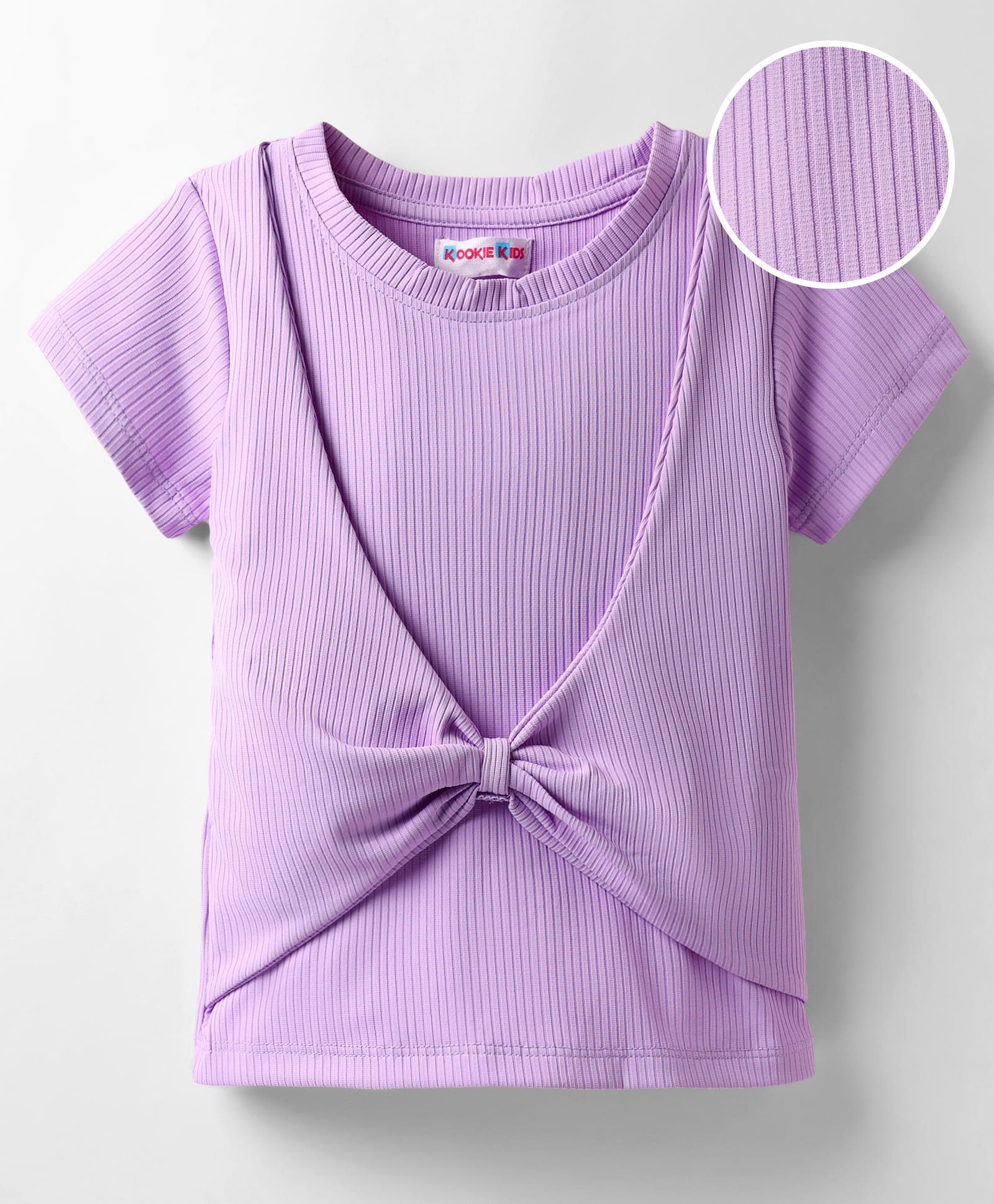 kookie kids india Kookie Kids Knit Half Sleeves Solid Color Ribbed Top With Cowl Bow - Lavender-picture-20