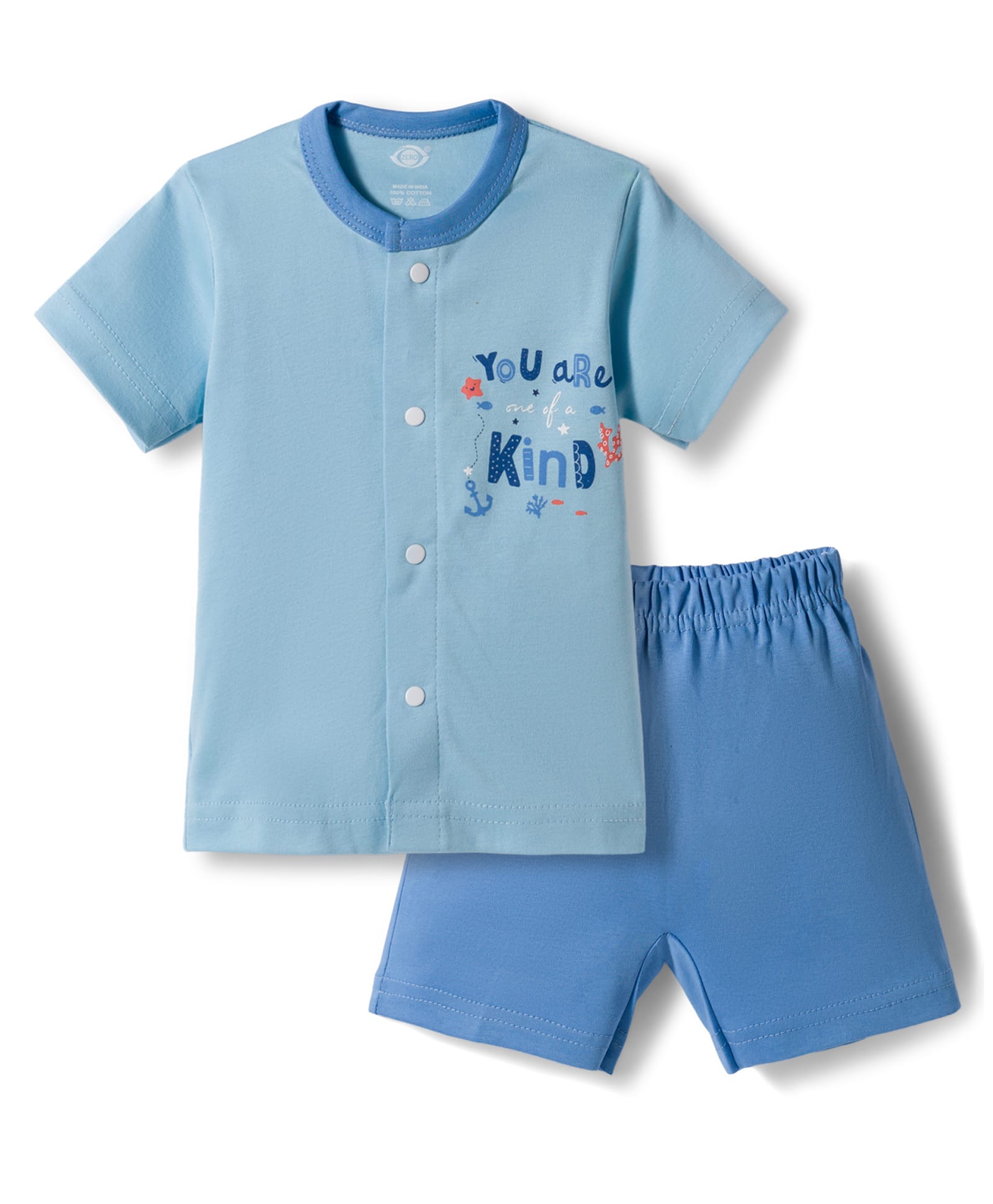 Zero Sinker Half Sleeves Shorts Night Suit With Text Print - Blue-image-34