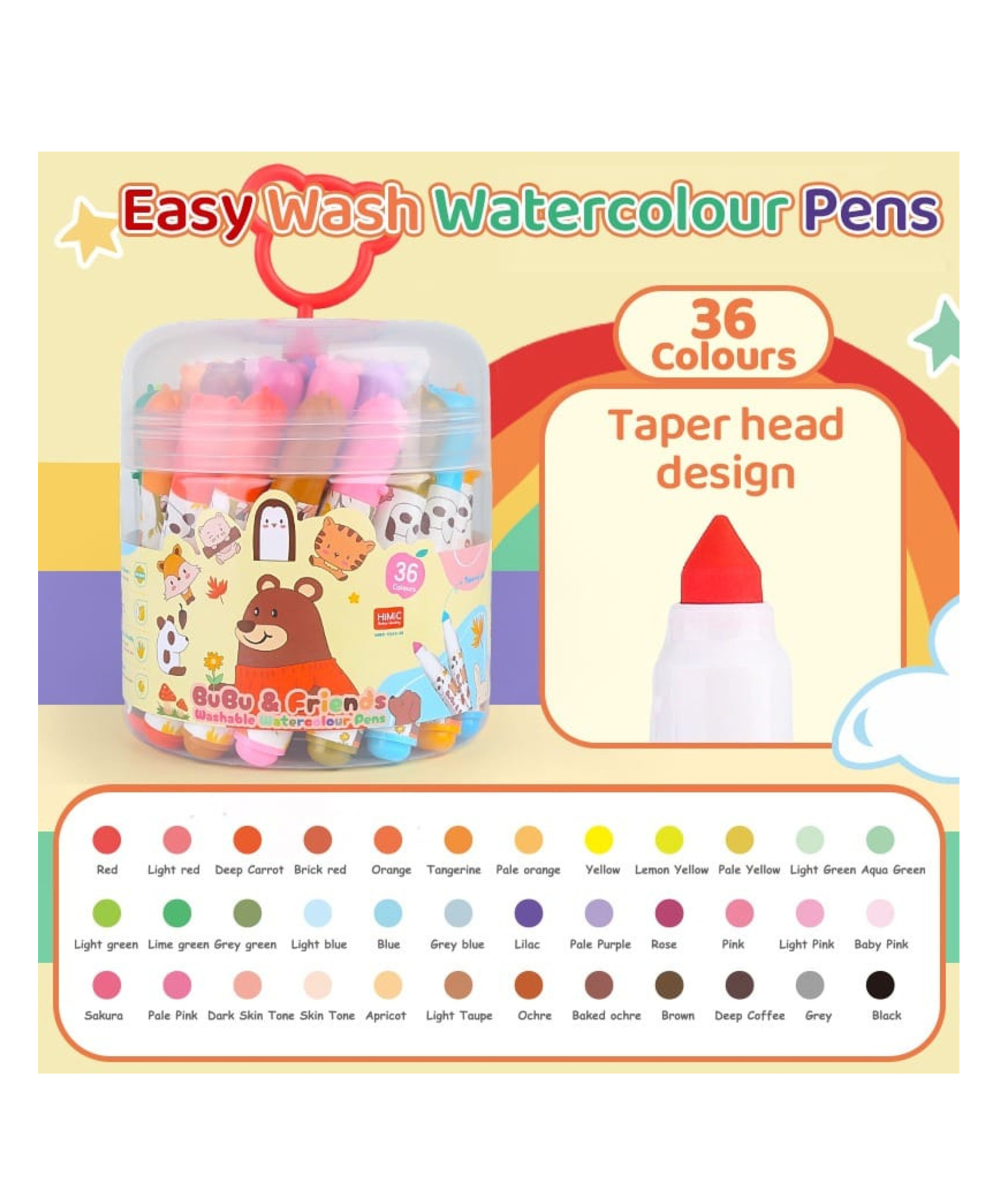 YAMAMA Water Color Pens Bubu And Friends Washable Water Colour Pens Colouring Kit Art Markers Colour Sketch Pens Set 36 PiecesMulticolor-image-48