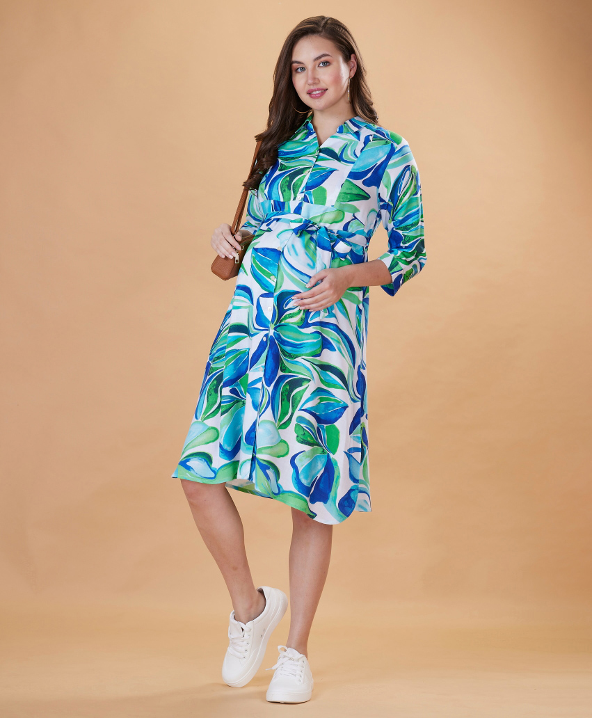 Bella Mama Woven Three Fourth Sleeves Maternity Shirt Dress with Belt & Floral Print - Blue-image-47