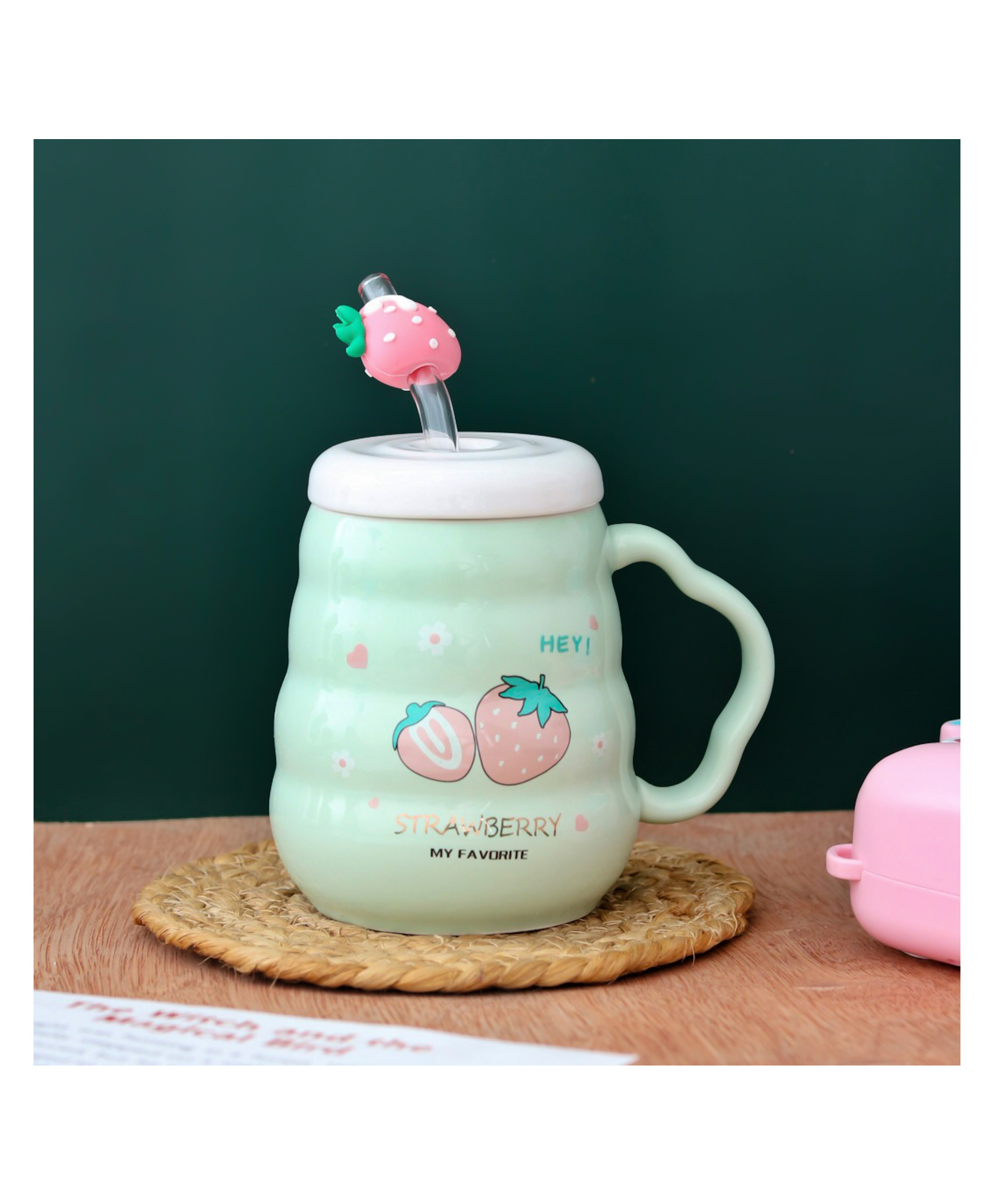 The Procure Store Cute Peach Printed Mug With Straw & motif- Green-image-7