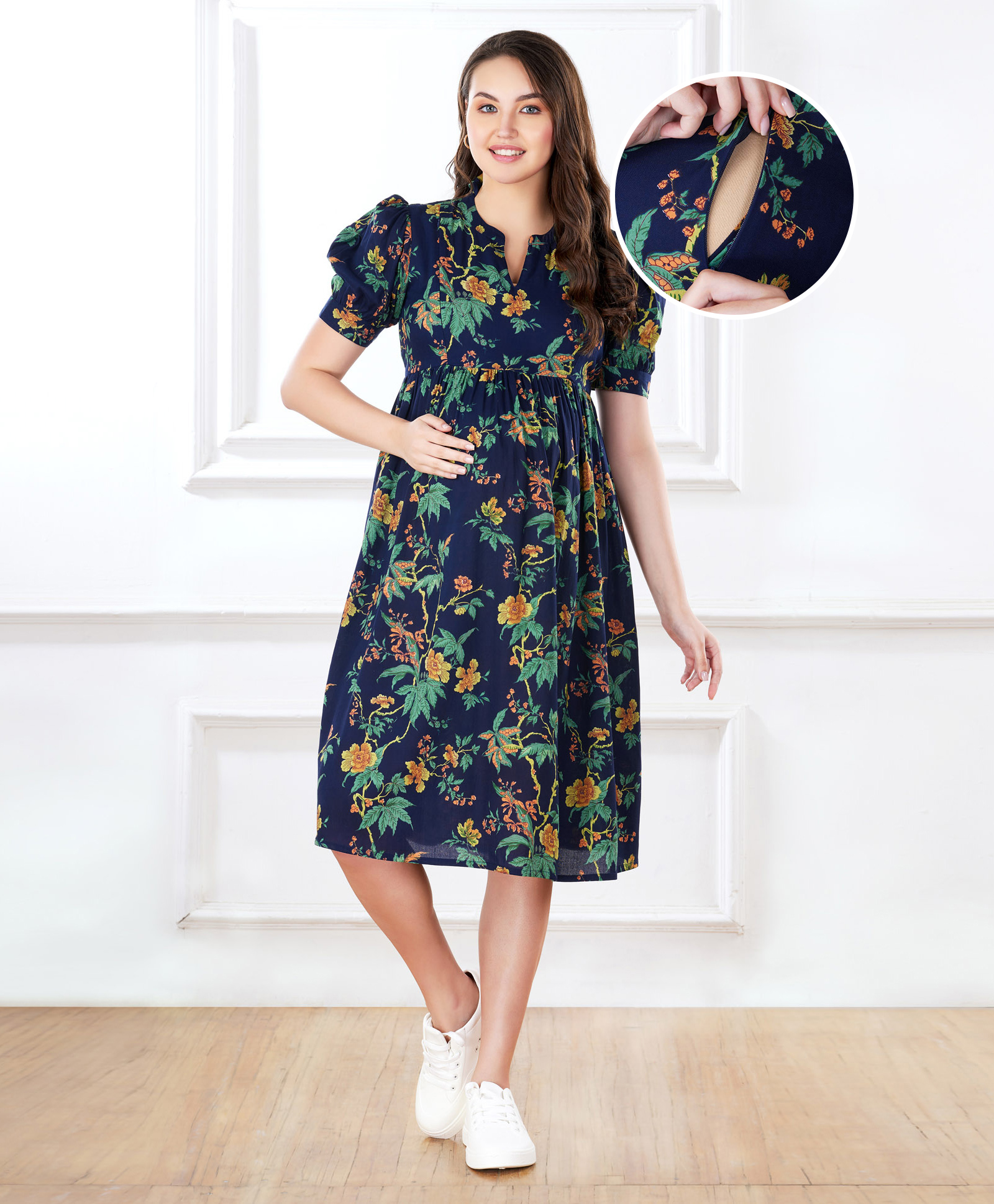 Bella Mama Woven Half Balloon Sleeves Maternity Dress with Floral Print - Navy Blue-image-47