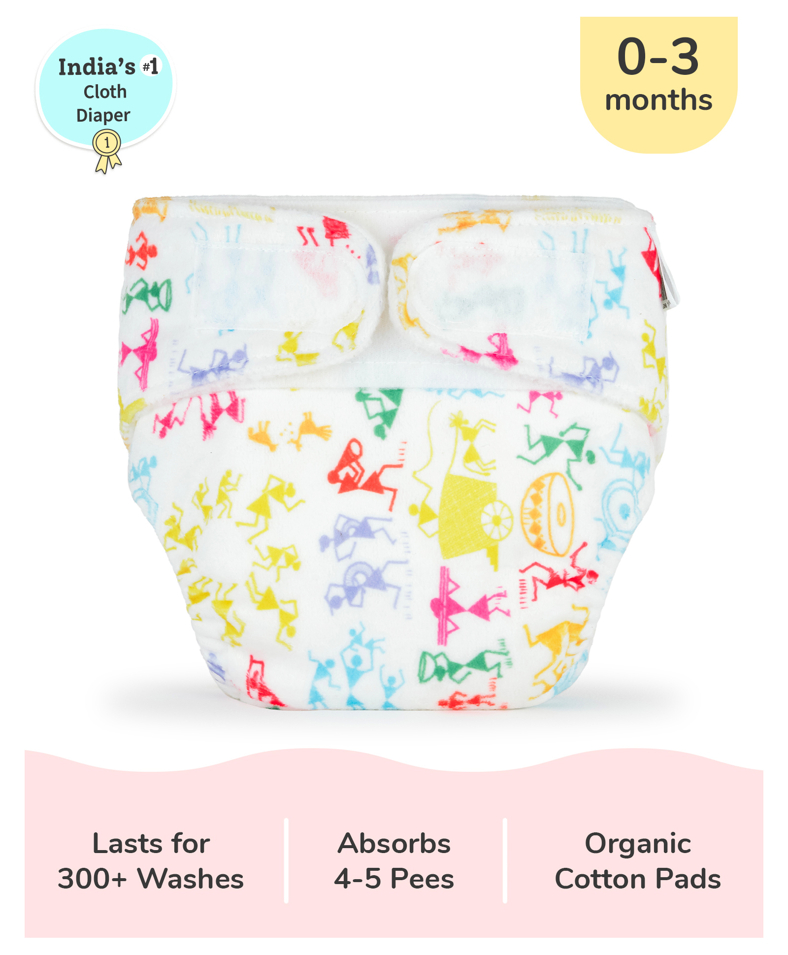 SuperBottoms Newborn UNO Premium Cloth Diaper with Absorbent Insert (0 to 3M) - White Warli-image-8
