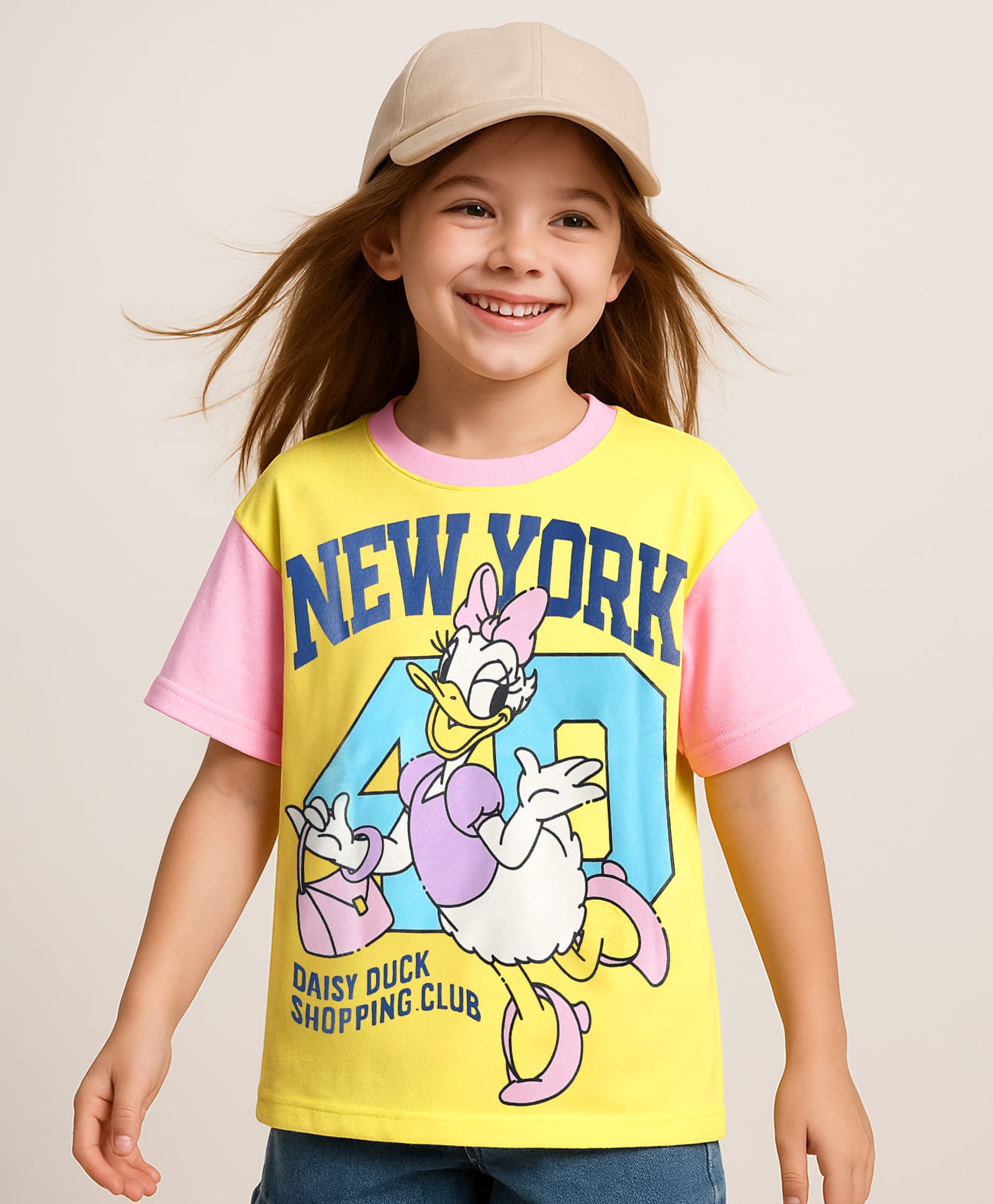 Pine Kids Disney Single Jersey Knit Half Drop Shoulder Sleeves Oversized T-Shirt with Daisy Duck Graphics - Yellow-image-32