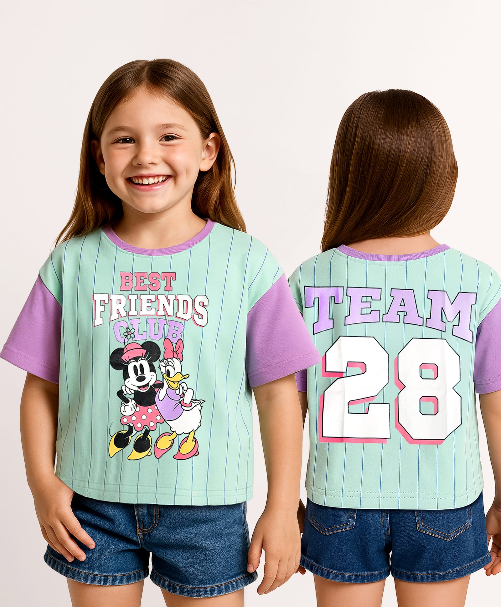 Pine Kids Disney Single Jersey Knit Oversize Drop Shoulder Half Sleeves T-Shirt With Front And Back Minnie Mouse Graphics - Aqua Blue-image-20