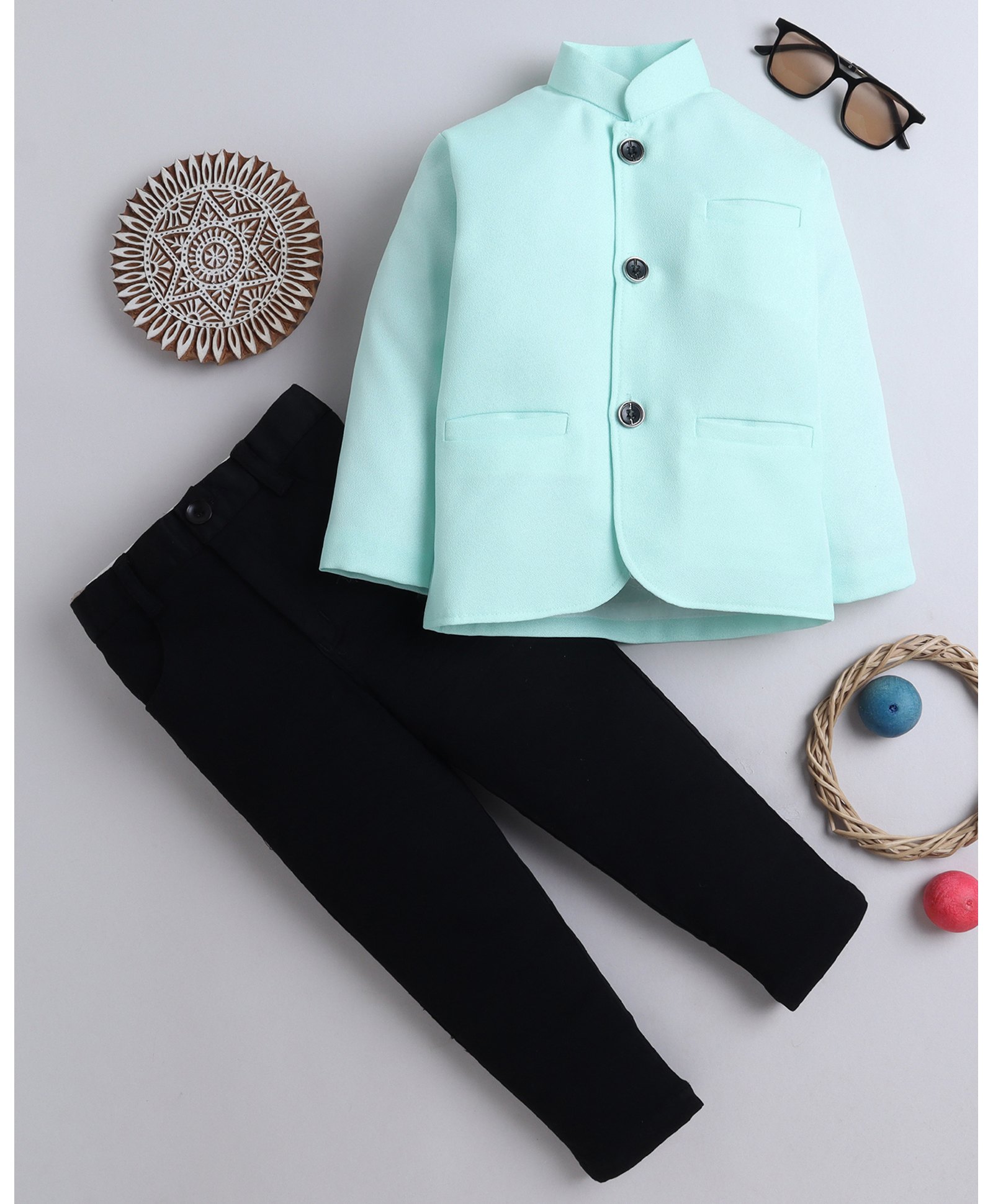 Lil' Homies Jacquard Full Sleeves Solid Coat With Pant Set - Mint Green-image-32