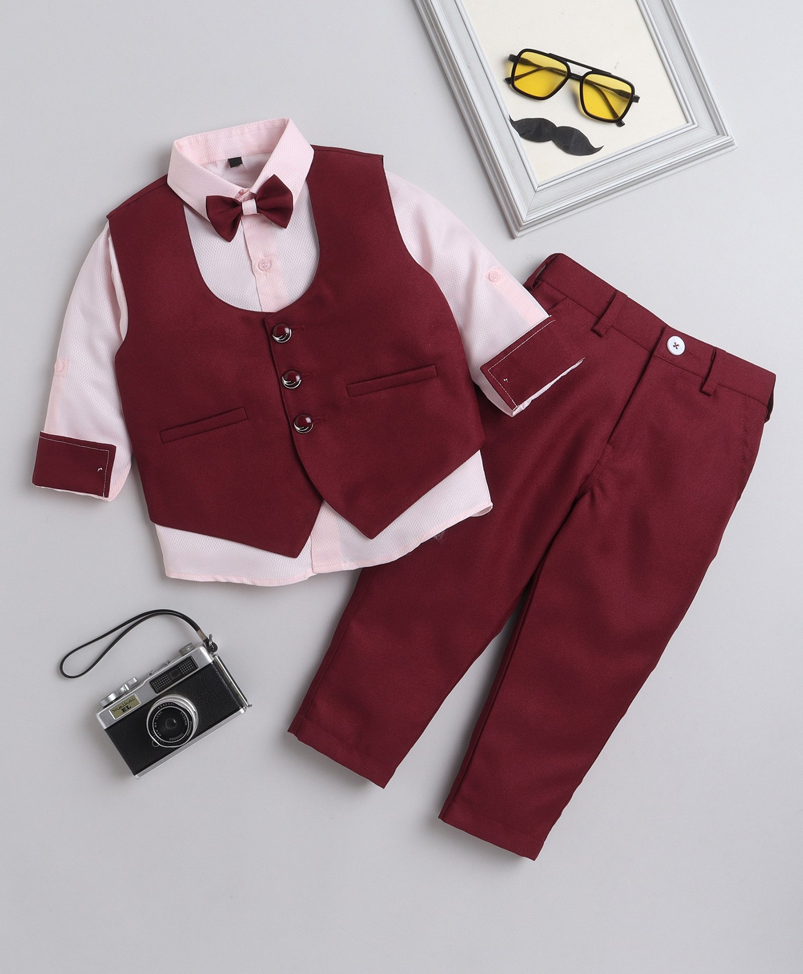 Lil' Homies Cotton Blend Full Sleeves Solid 3 Piece Party Suit Set With Bow - Maroon-image-19