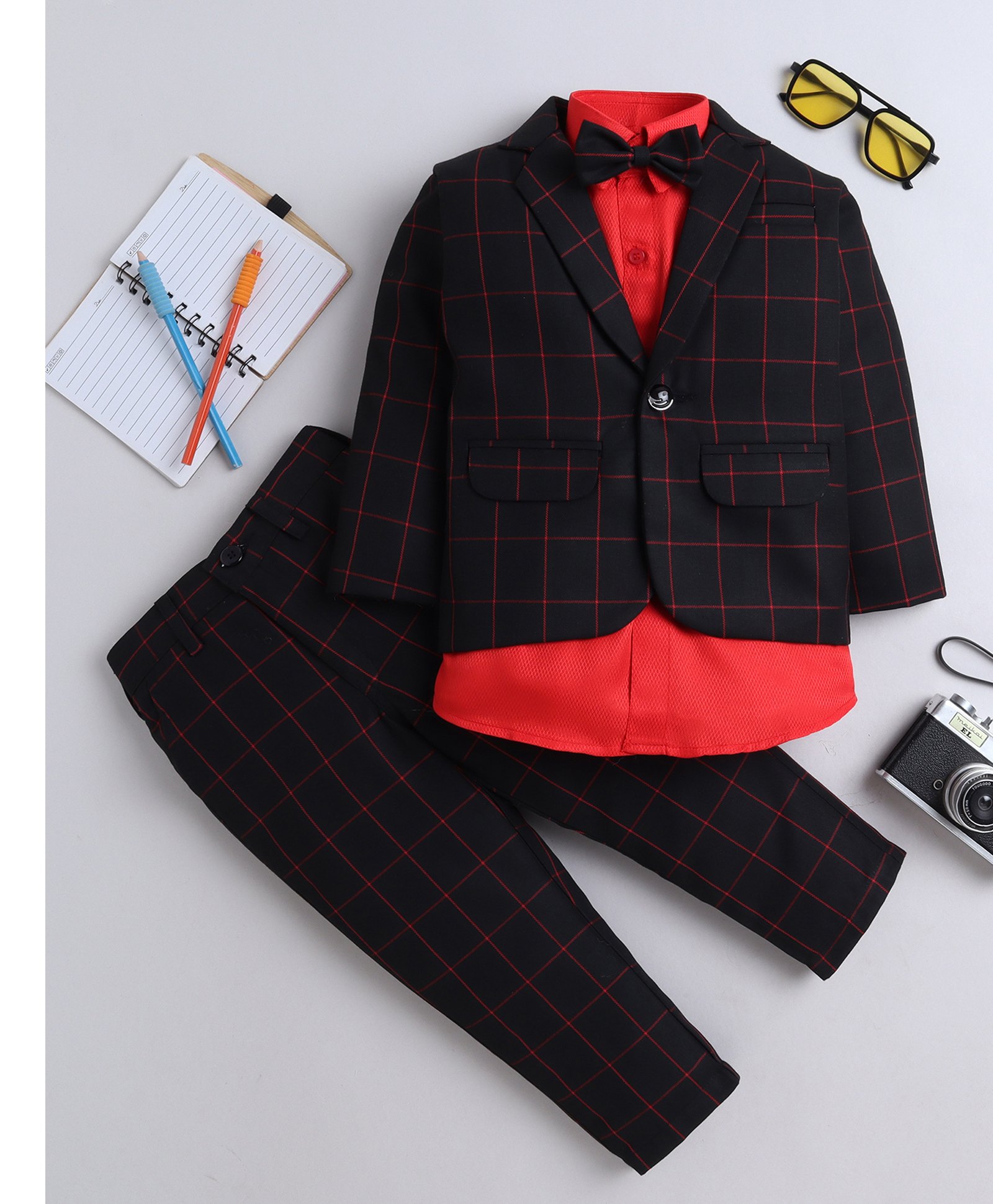 Lil' Homies Cotton Blend Full Sleeves Checked 3 Piece Part Suit With Bow Set - Black-image-18