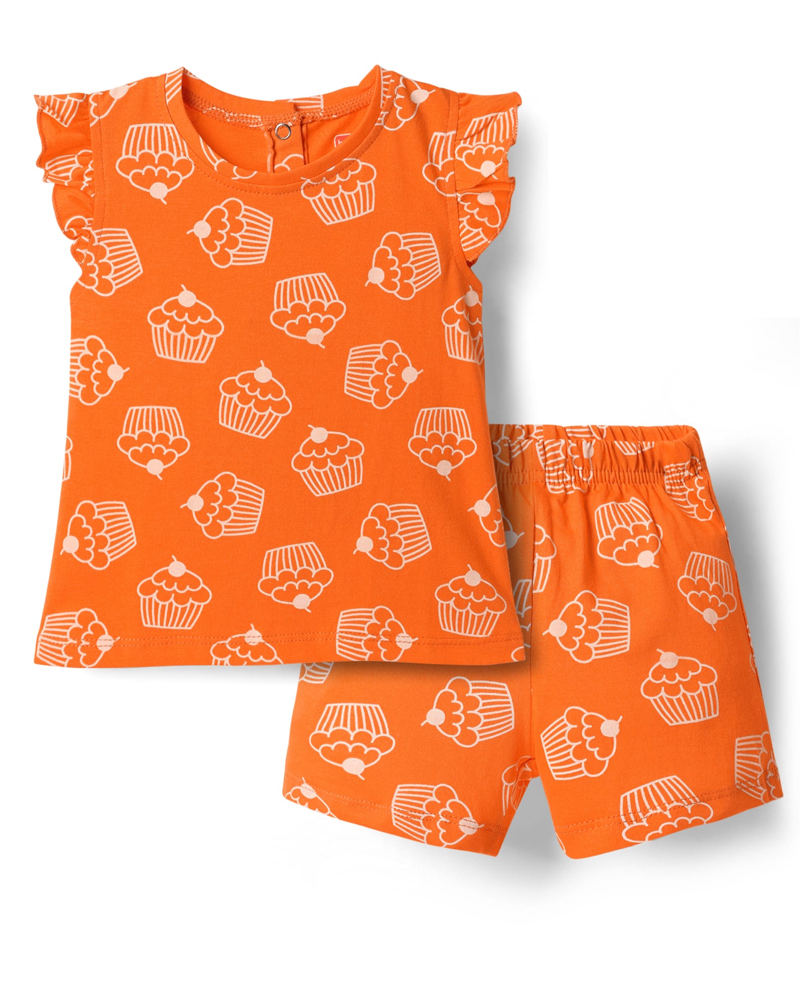 Babyhug Cotton Knit Frill Sleeves Shorts Co-Ord Night Suit With Cupcake Print - Orange
