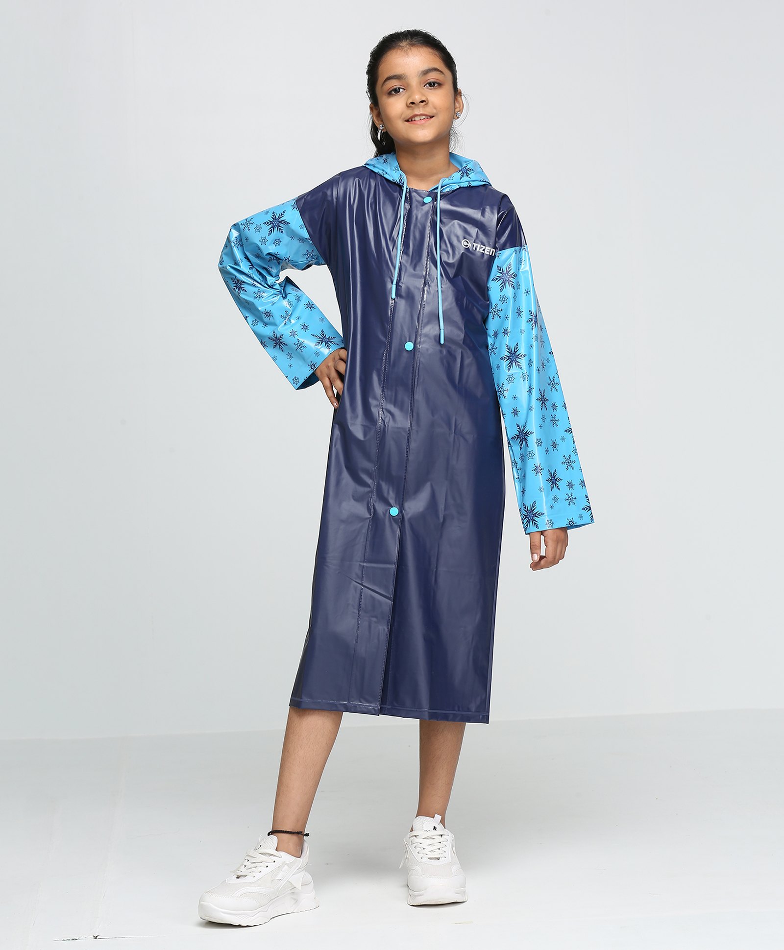 CITIZEN Disney Full Sleeves Snow Flakes Printed Hooded Raincoat - Dark Blue-image-5
