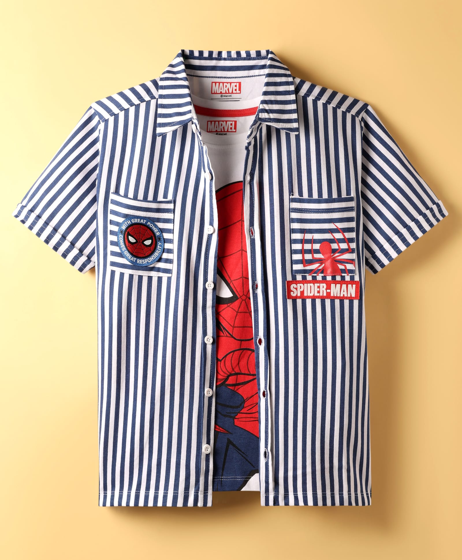 Pine Kids Marvel Cotton Woven Half Sleeves Shirt with Inner Tee Spider Man Graphics - Multicolor-image-26