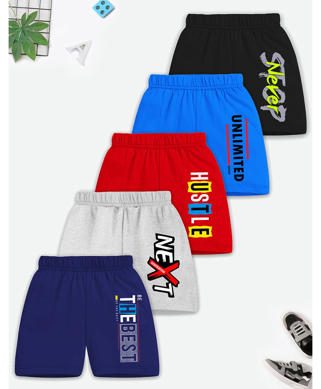 Trampoline Pack Of 5 Cotton Blend Typography Printed Shorts - Multi Colour-picture-35