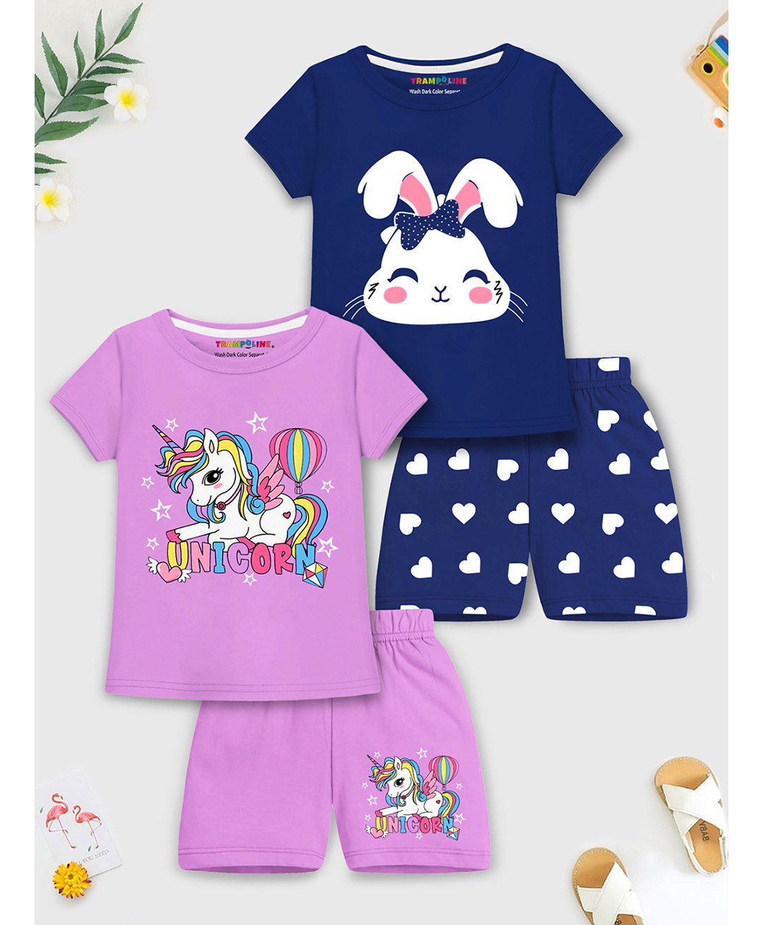 Trampoline Pack Of 2 Cotton Blend Half Sleeves Unicorn & Bunny Printed Tees With Shorts Set - Purple & Blue-picture-38