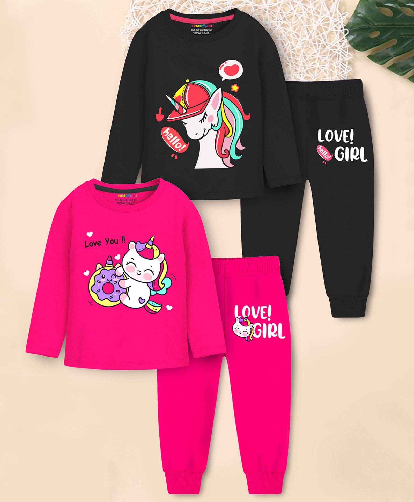 Trampoline Cotton Blend Pack Of 2 Full Sleeves Unicorn Printed Tees & Pajamas Set - Black & Pink-picture-14