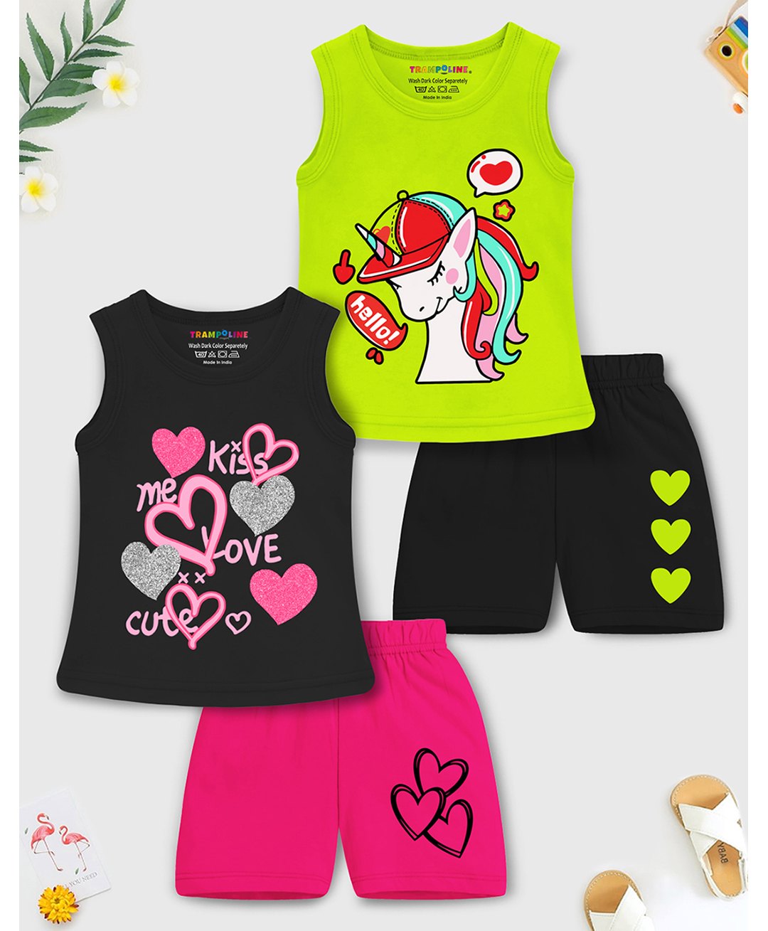 Trampoline Cotton Blend Pack Of 2 Sleeveless Unicorn & Heart Printed Tees With Shorts Set - Green & Black-image-35